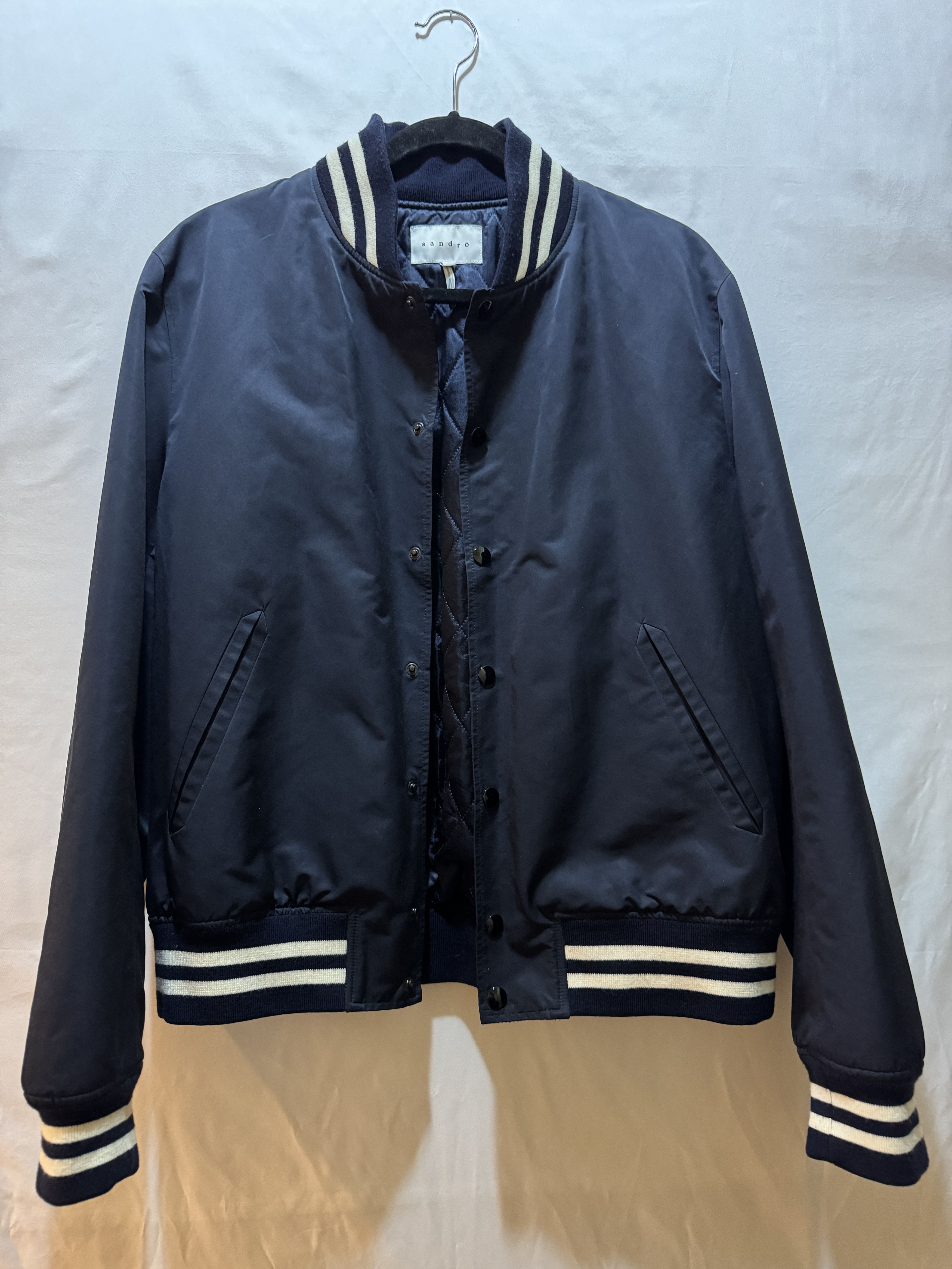 Sandro Navy Quilted Bomber Jacket Size US XL / EU 56 / 4 - 6 Thumbnail