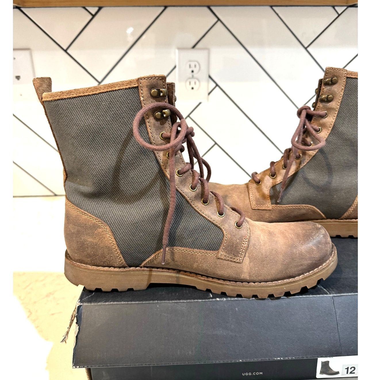 Ugg UGG Montgomery combat boots chestnut leather olive canvas Size US 12 / EU 45 - 3 Thumbnail