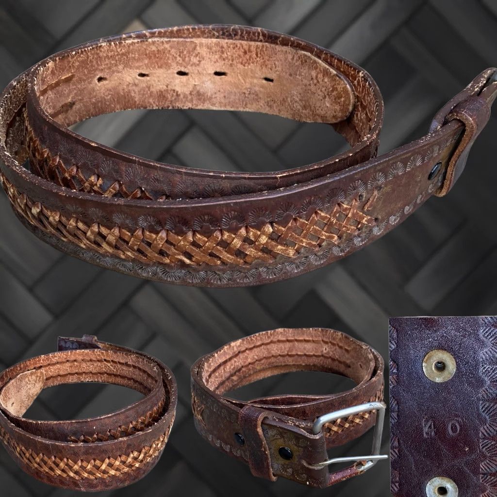 Vintage VINTAGE Hand-Tooled Leather Belt 60s 70s Size 40 Brown Unbranded Western Rockabilly Size ONE SIZE - 1 Thumbnail