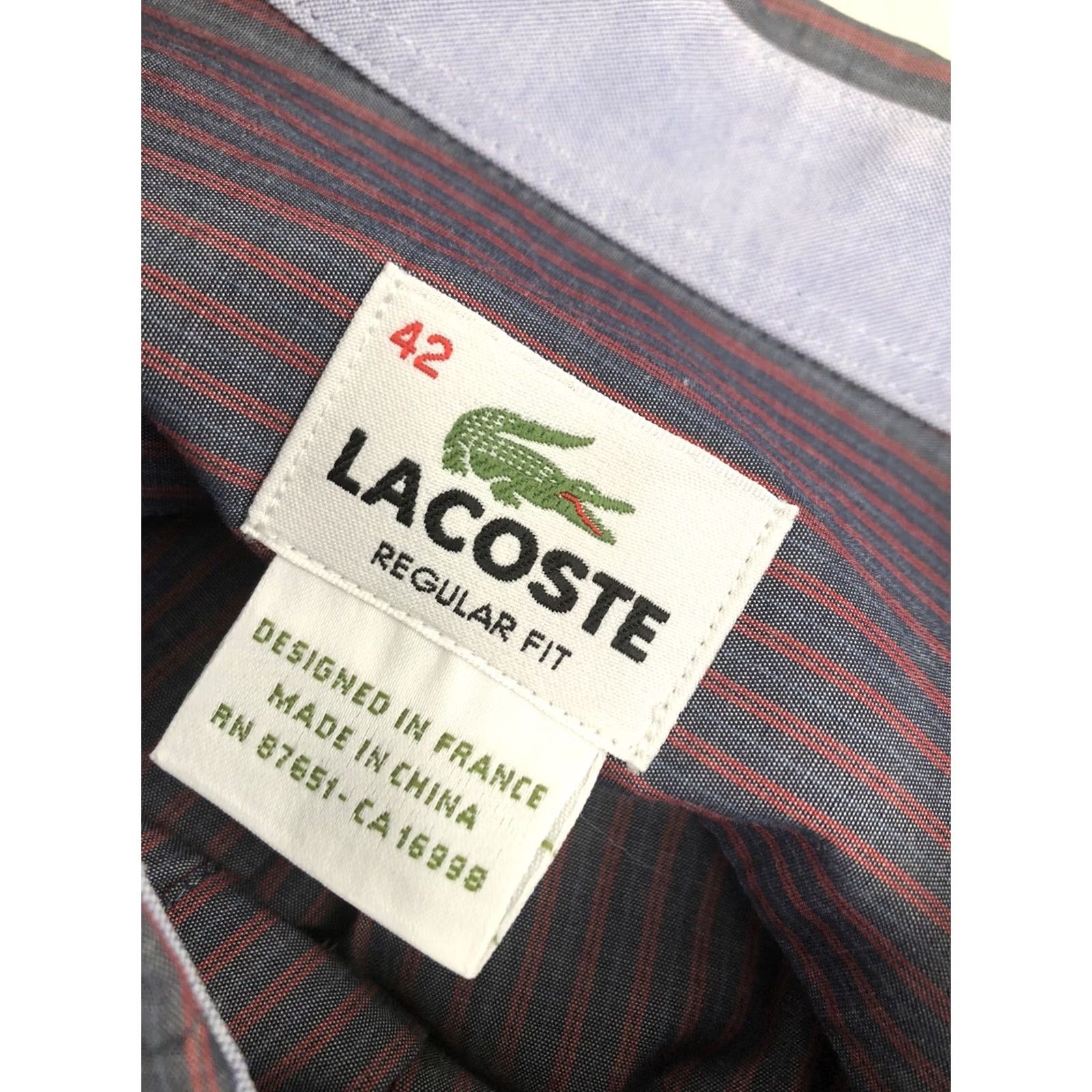 Lacoste LACOSTE Striped Shirt Mens 42 Regular Fit Alligator Button-Up Long Sleeve Gray / Red Shirt Mens 42 Regular Fit Striped Alligator Shirt Size US XL / EU 56 / 4 - 5 Thumbnail