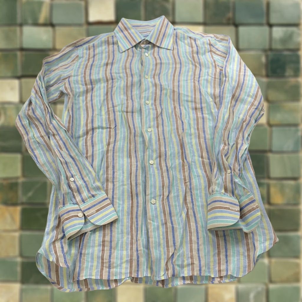 Vintage Giampaolo 16.5/36 Linen Cotton Button Long Sleeve Striped Casual Shirt Green Size US XL / EU 56 / 4 - 1 Thumbnail