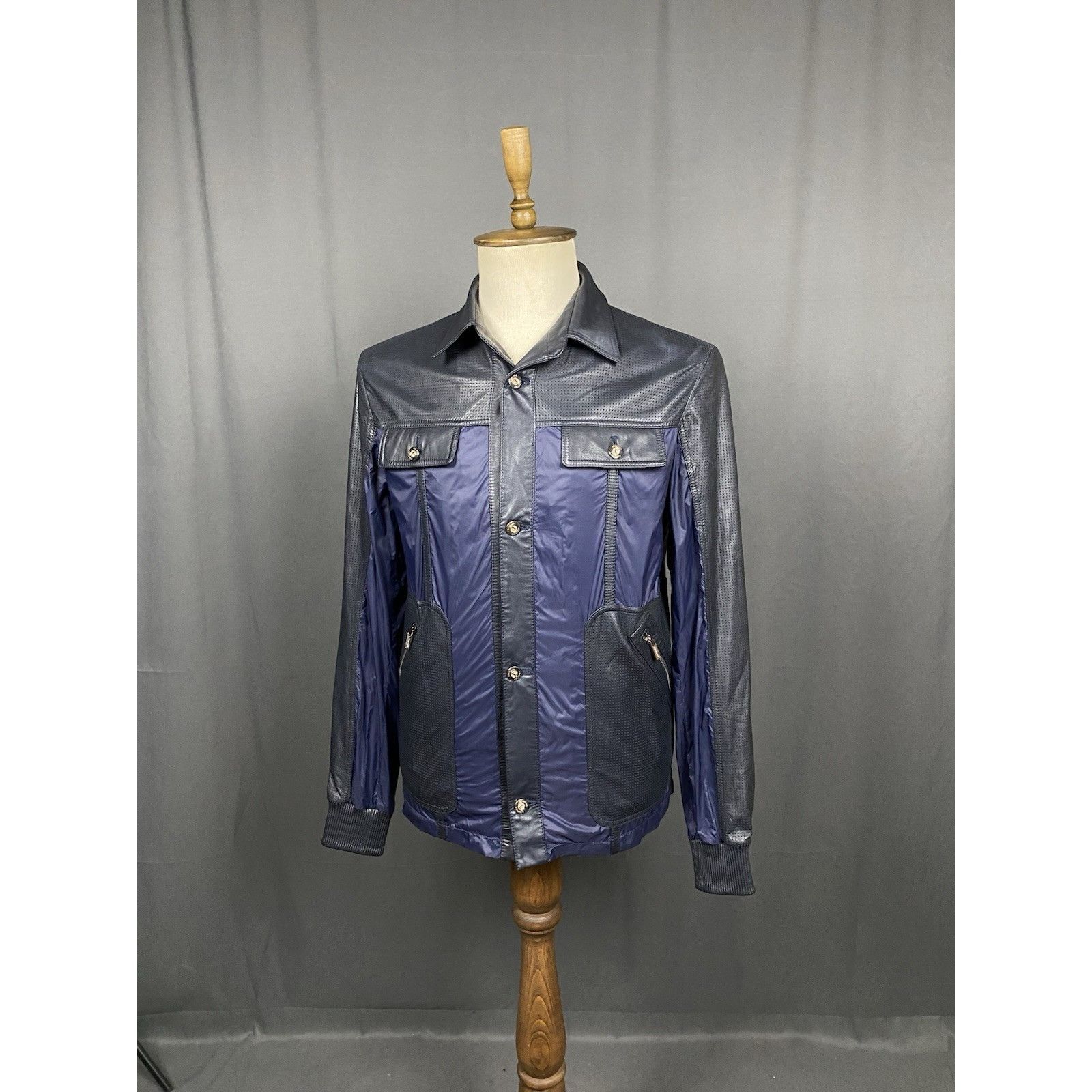 Testoni MINT! A.Testoni Men's Blue Black Nylon Leather Jacket Size M Size US M / EU 48-50 / 2 - 2 Thumbnail