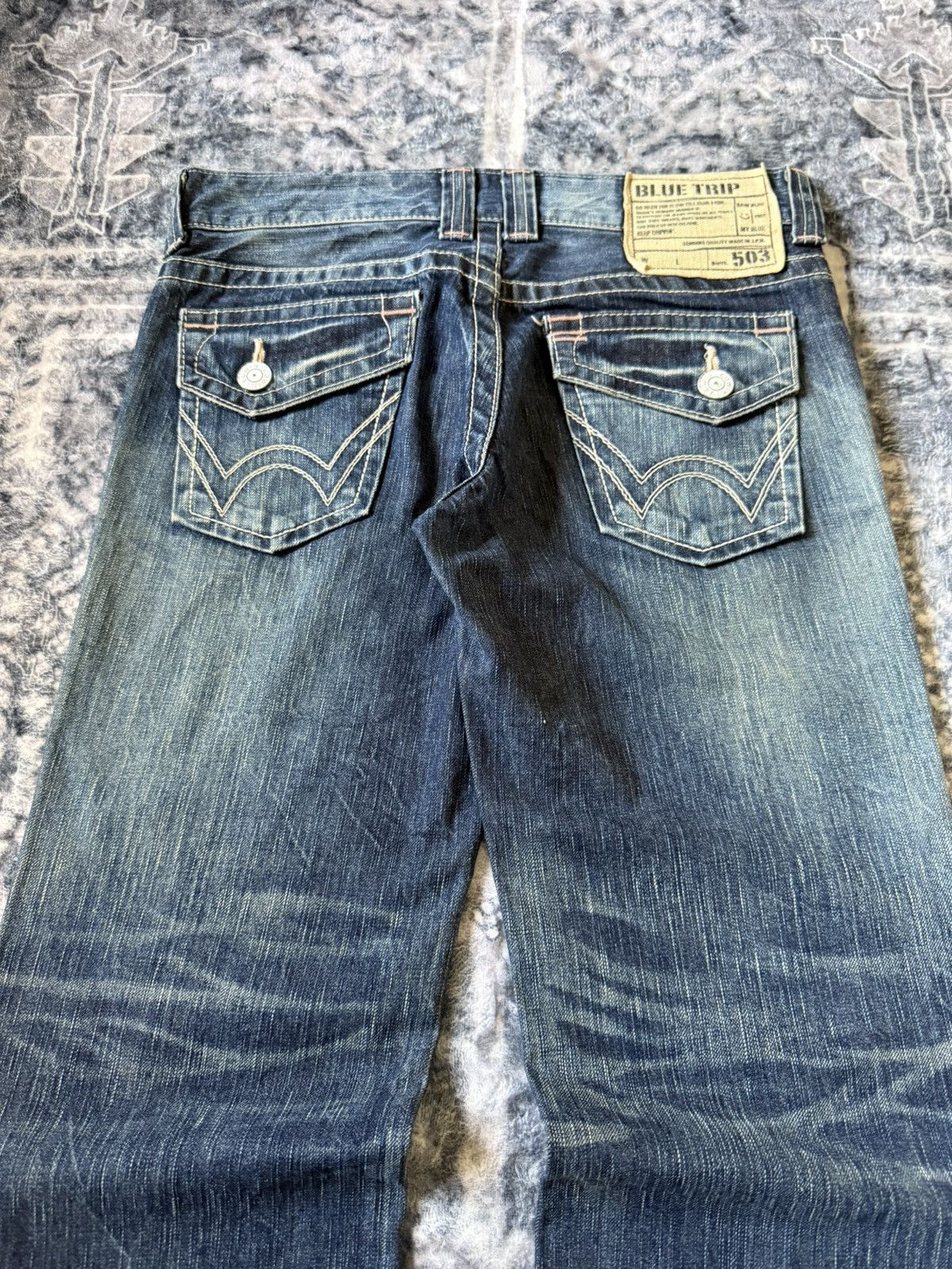 Edwin × Japanese Brand × Vintage Edwin 503 Blue Trip Flared Wide Leg Cropped Jeans Size 30" / US 8 / IT 44 - 13 Thumbnail