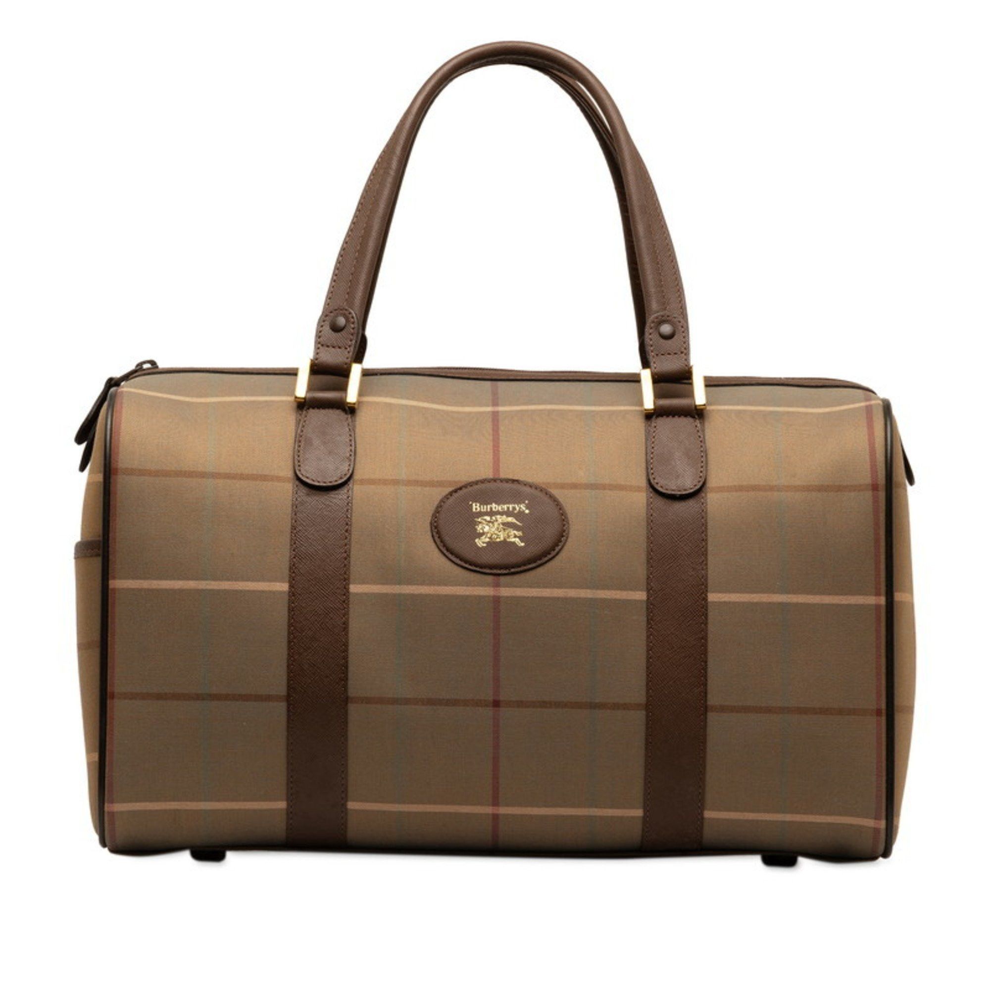 image of Burberry Check Boston Bag Khaki Brown Nylon Leather Women's Burberry