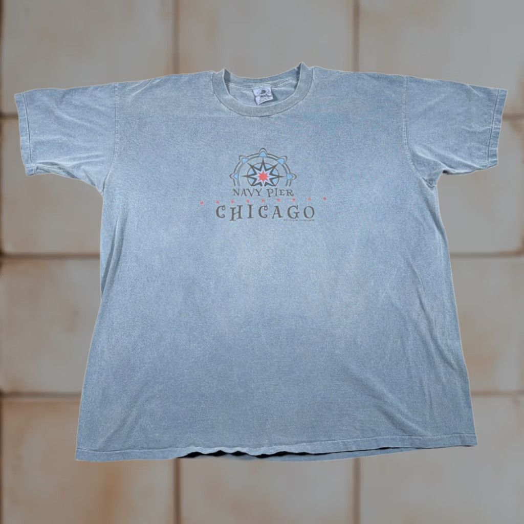 Anvil VINTAGE Chicago Shirt Adult 2XL Navy Blue 90s Pigment Dyed Anvil Authentic Navy Pier Chicago Compass Rose Pattern Mens T-Shirt Size US XXL / EU 58 / 5 - 1 Thumbnail