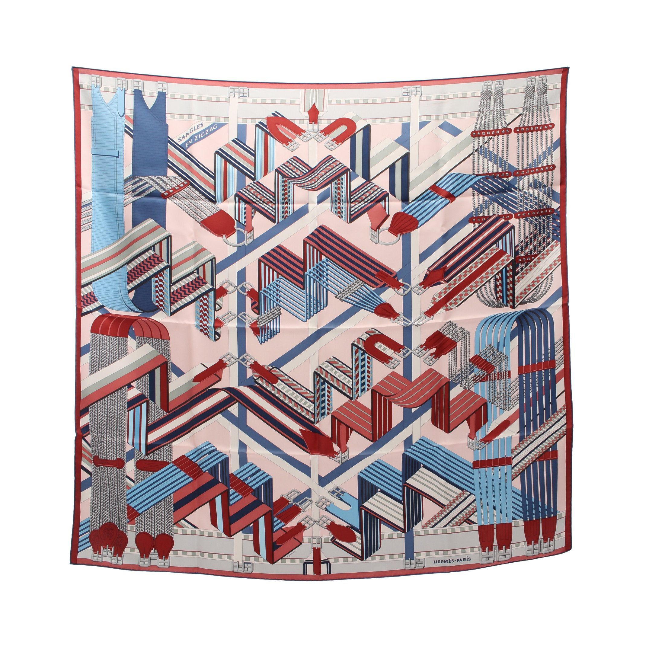 Hermes Hermes Carres 90 Sangles En Zigzag Scarf Silk Pink Blue