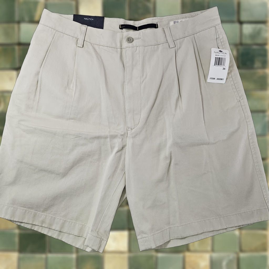 Nautica Nautica Classic Twill Rigger Shorts Mens 34 Beige Chino Pleated New With Tags Size US 34 / EU 50 - 1 Thumbnail