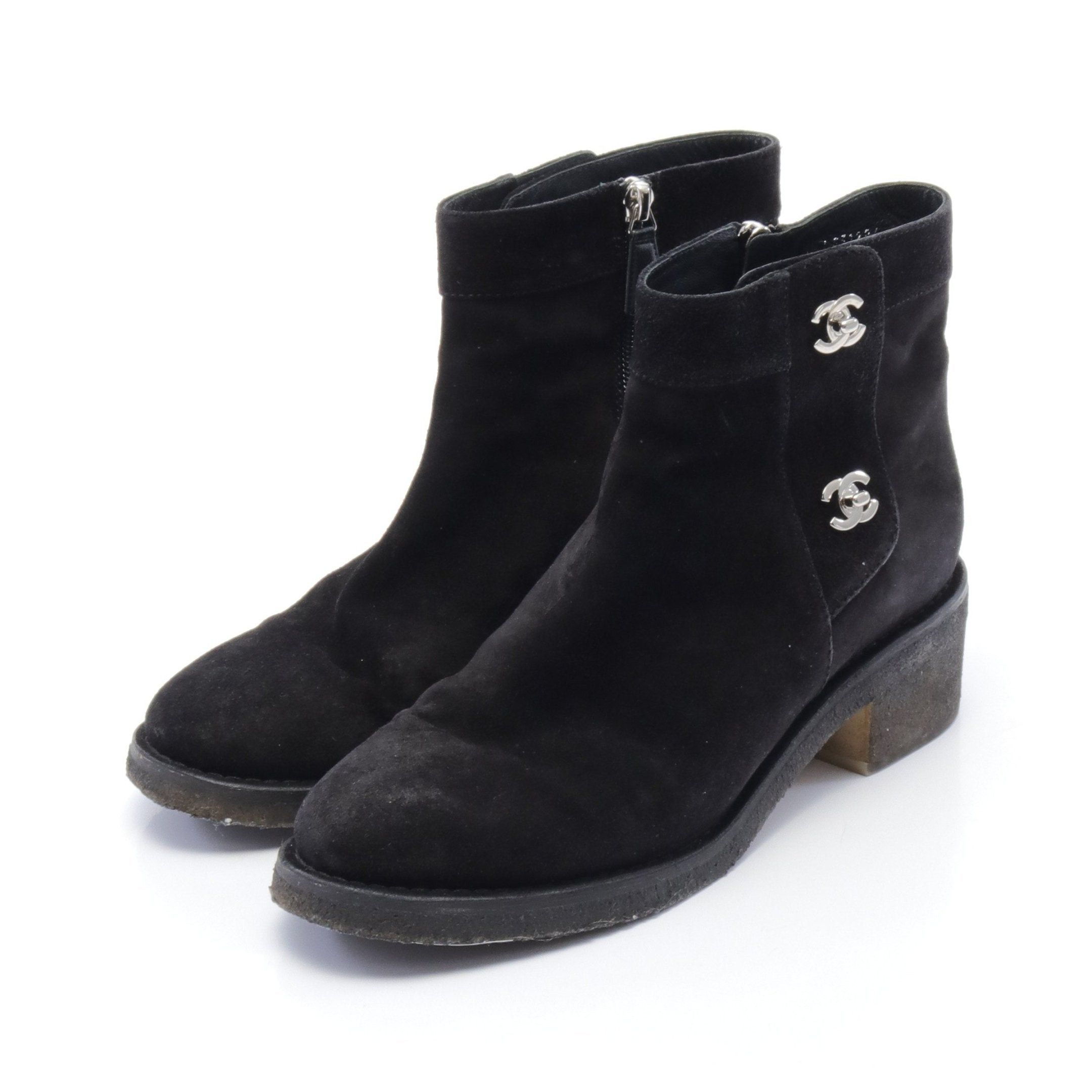 image of Chanel Coco Mark Short Boots Suede Black Turn Lock, Women's