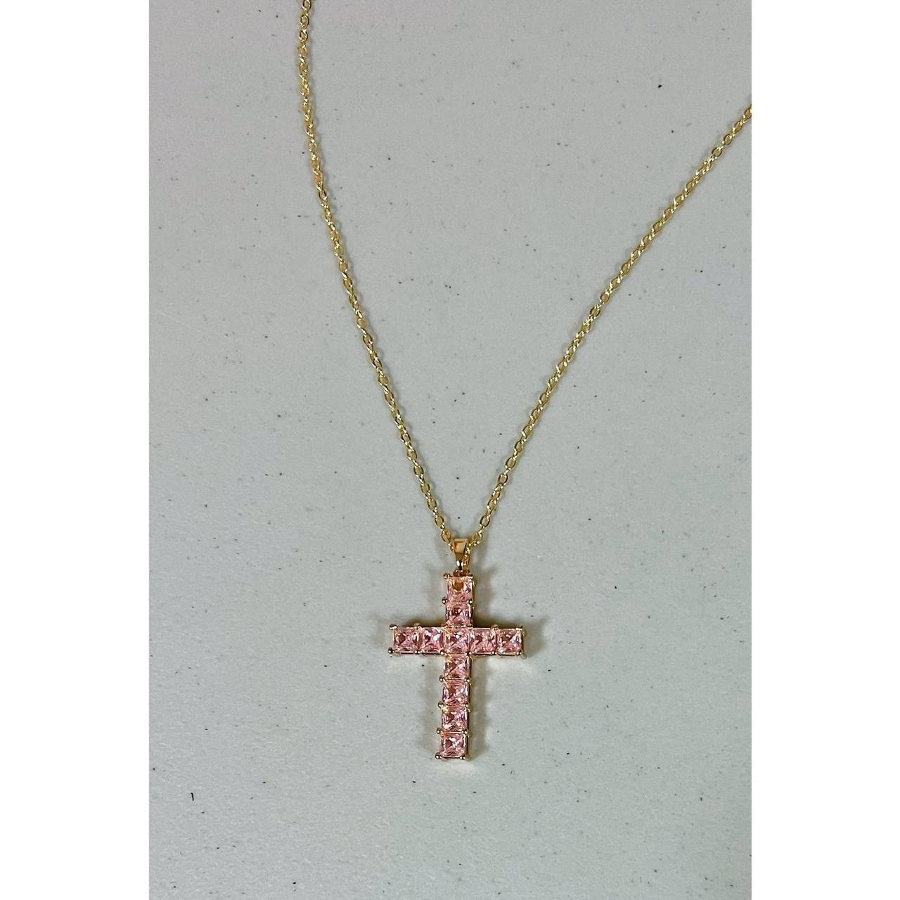 Jewelry × Vintage Gold Pink Diamond Diamonds Cross Necklace Jewelry 💖✨ Size ONE SIZE - 1 Thumbnail