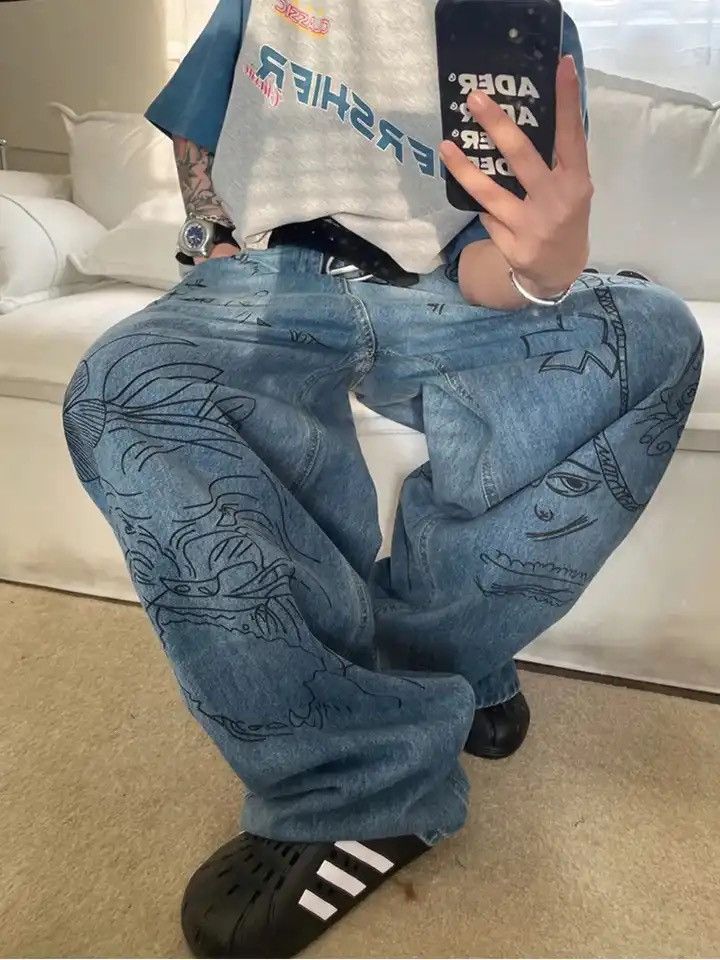 Jean × Vintage Men Printed Blue Hippie Jeans Size US 31 - 5 Thumbnail