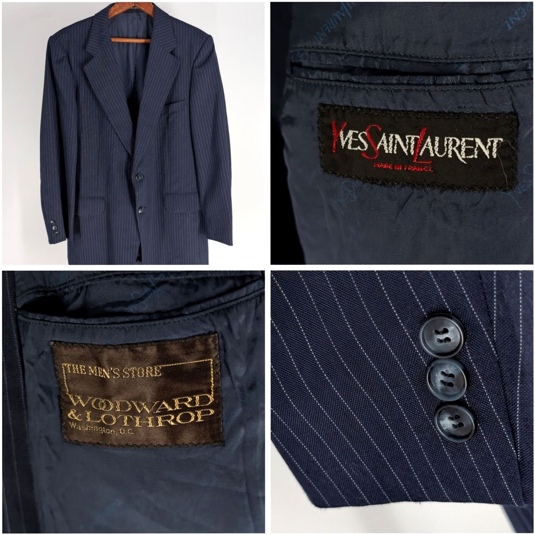 Yves Saint Laurent VINTAGE Saint Laurent Pinstripe Blazer France Navy Wool 80s Mens Jacket Regular Size 40 Size 40R - 2 Thumbnail