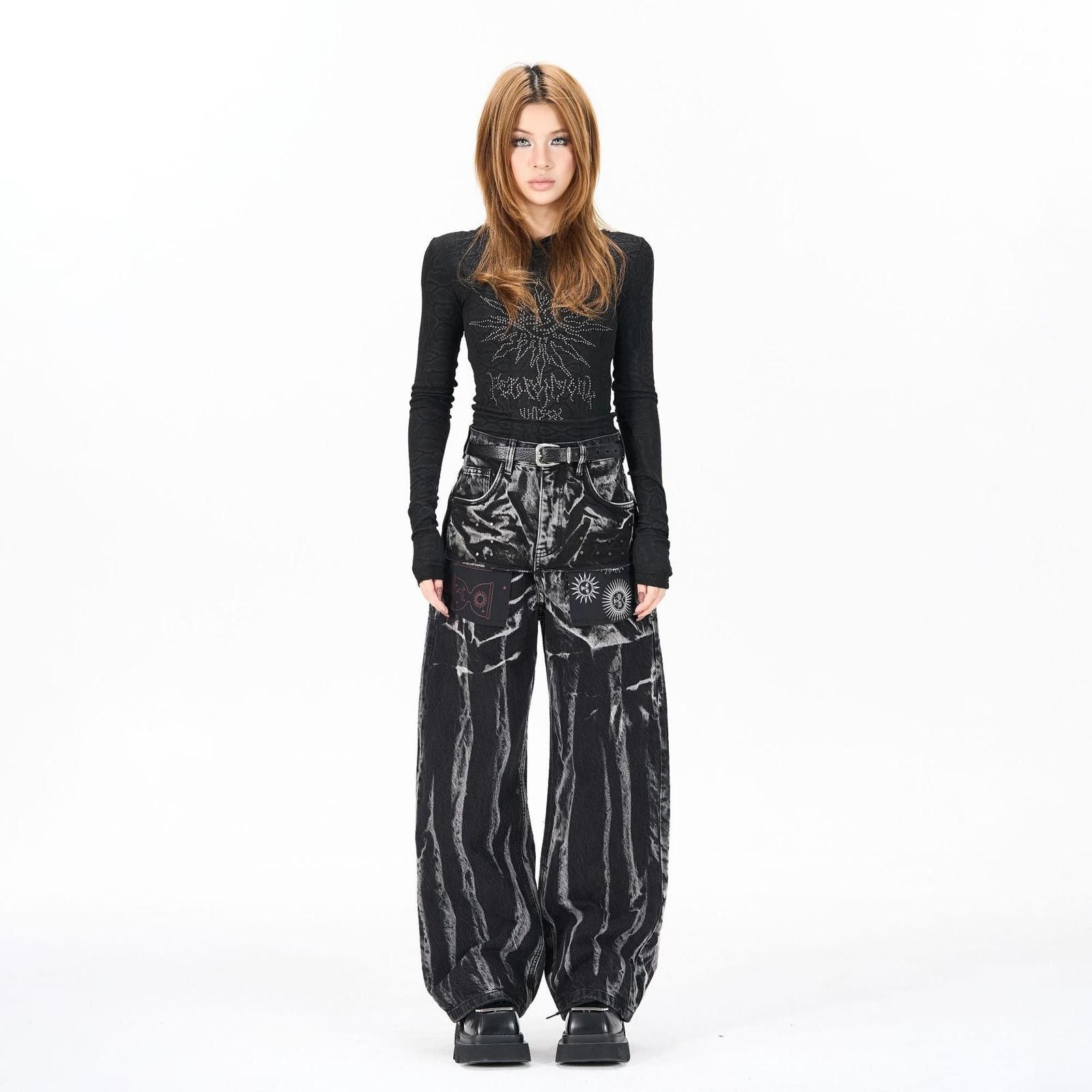 Vintage Black Tie-Dye Wide Leg Casual Pants, Patch Pocket Jeans Size 28" / US 6 / IT 42 - 4 Thumbnail