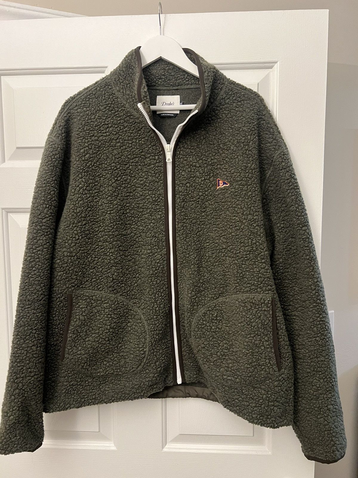 image of Drakes Drake’S Green Boucle Wool Zip Fleece Jacket, Men's (Size 2XL)