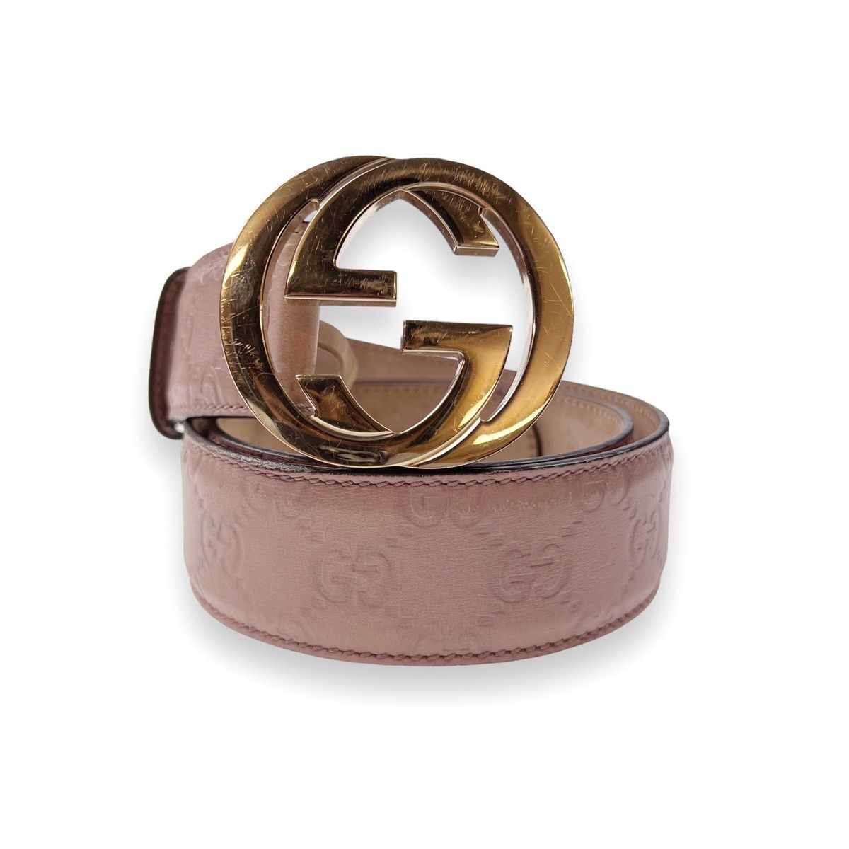 image of Gucci Pink Leather Embossed Monogram Gold GG Buckle Belt, Men's (Size 30)