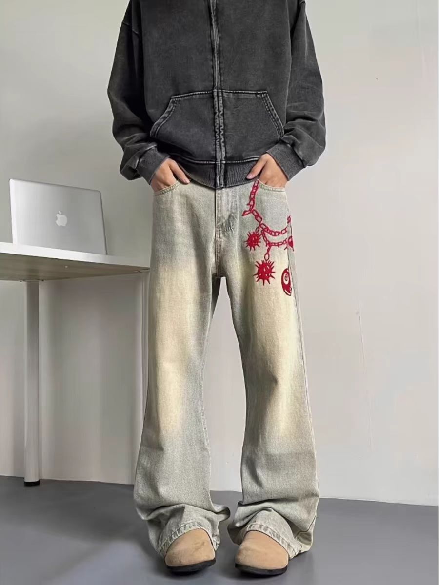 Japanese Brand × Jean Washed and Aged Red Chain Embroidered Street Jeans Size US 32 / EU 48 - 1 Thumbnail