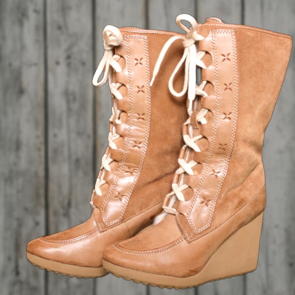 Vintage VINTAGE L.L. BEAN Boots Tan Leather & Suede Shearling Lined Wedge Heel Sz. 7.5 M Women Shoe Boot Size US 8 / IT 38 - 1 Thumbnail