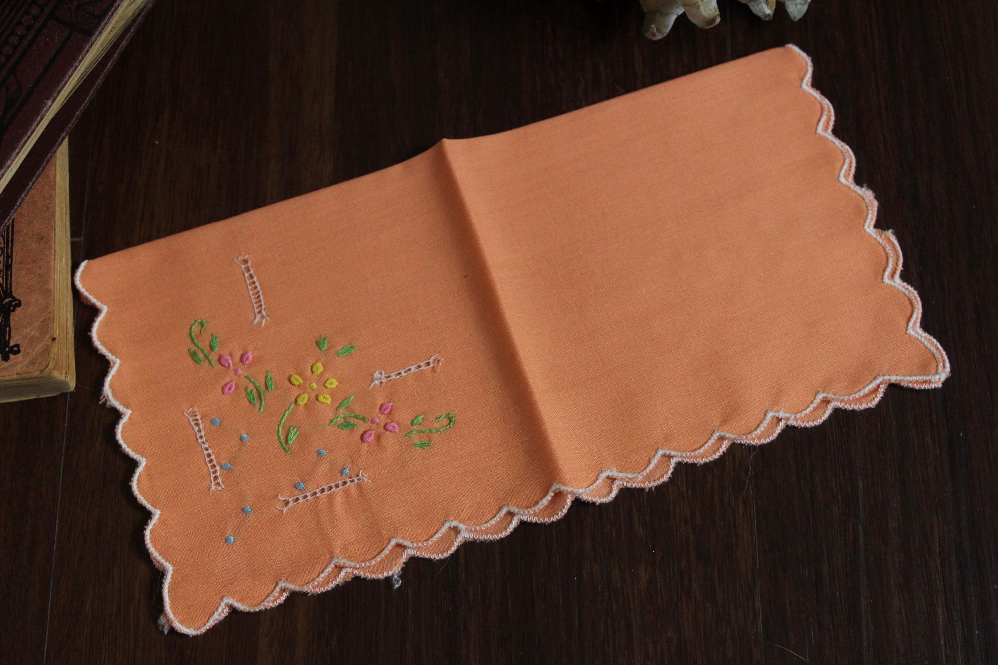 Vintage Vintage Handkerchief, Orange Cotton with Floral Embroidered Size ONE SIZE - 3 Thumbnail