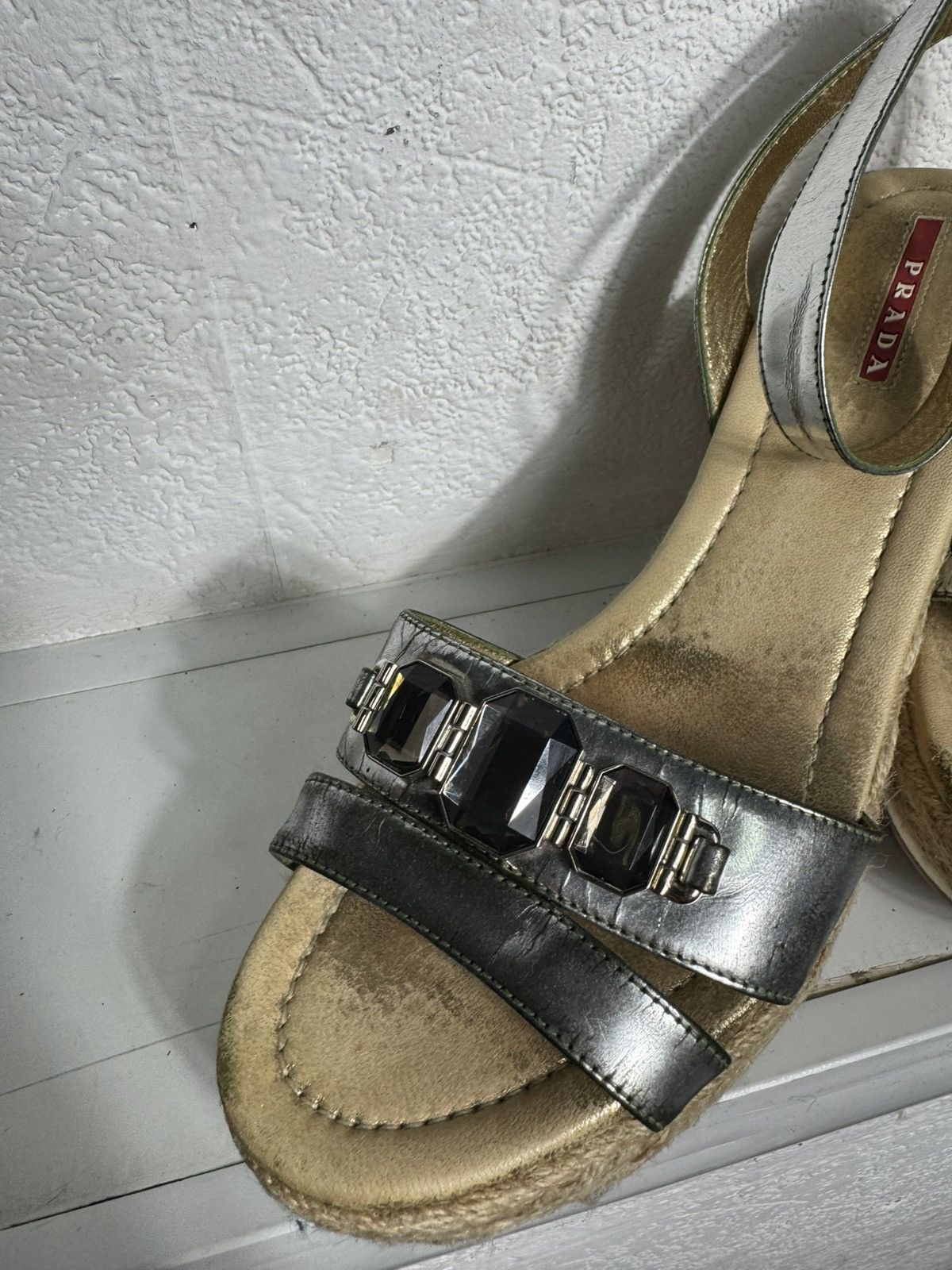 Prada Prada Linea Rossa Silver Leather Wedge Sandals Size 40.5 Size US 9 / IT 39 - 6 Thumbnail