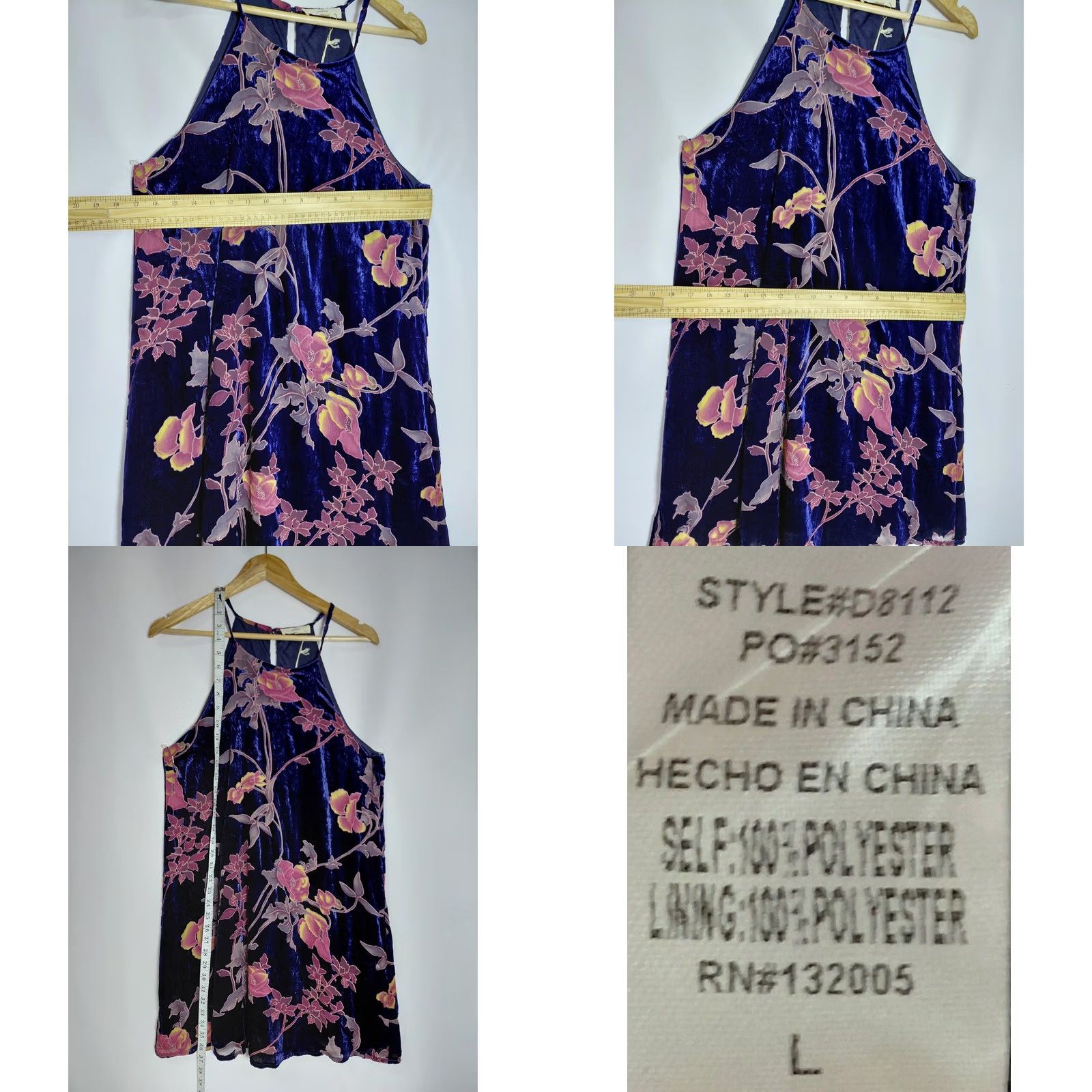Velvet Entro Floral Velvet Dress Blue Sleeveless Halter Short Size L Size 36" / US 14 / IT 50 - 8 Thumbnail