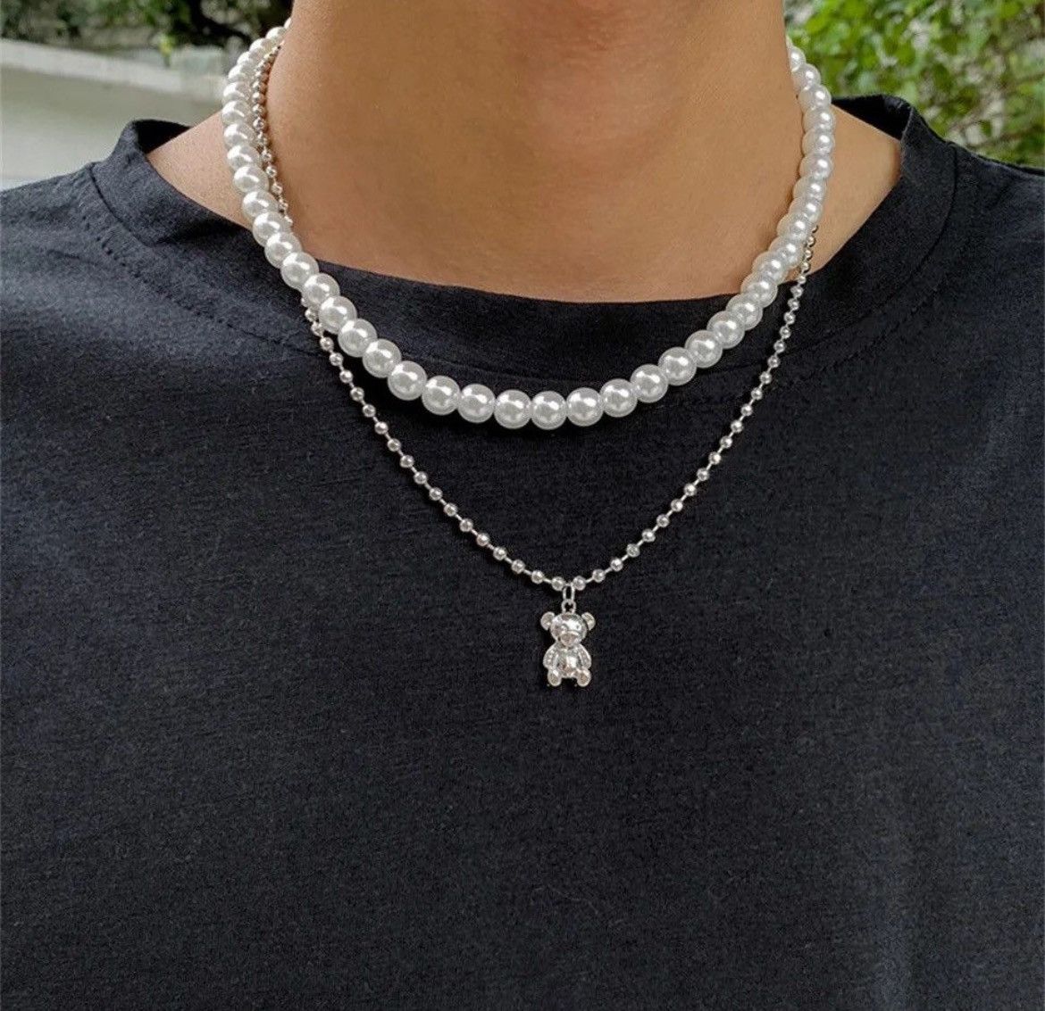 Jewelry Double Layer Pearl Bear Necklace Silver Necklace Size ONE SIZE - 3 Thumbnail