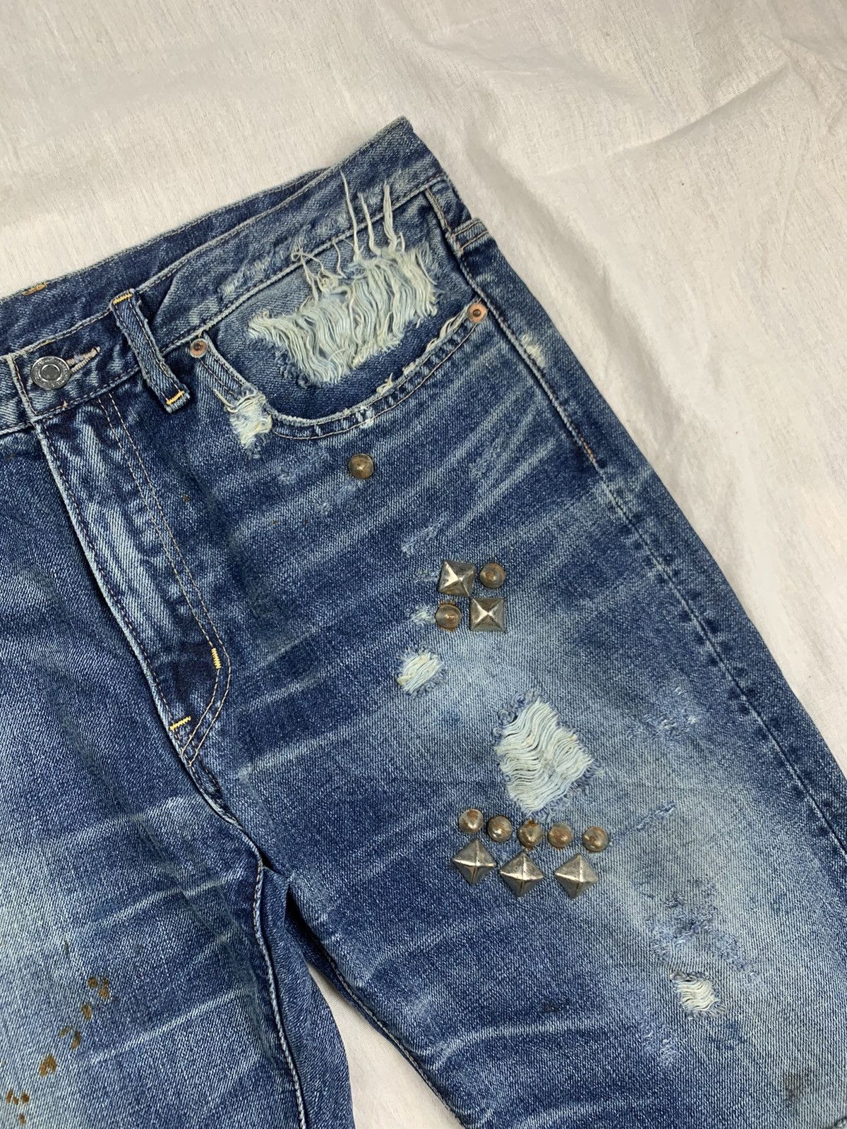 If Six Was Nine × Japanese Brand × Le Grande Bleu (L.G.B.) Rna Slang Studded Distressed Flared Pants Size US 31 - 3 Thumbnail