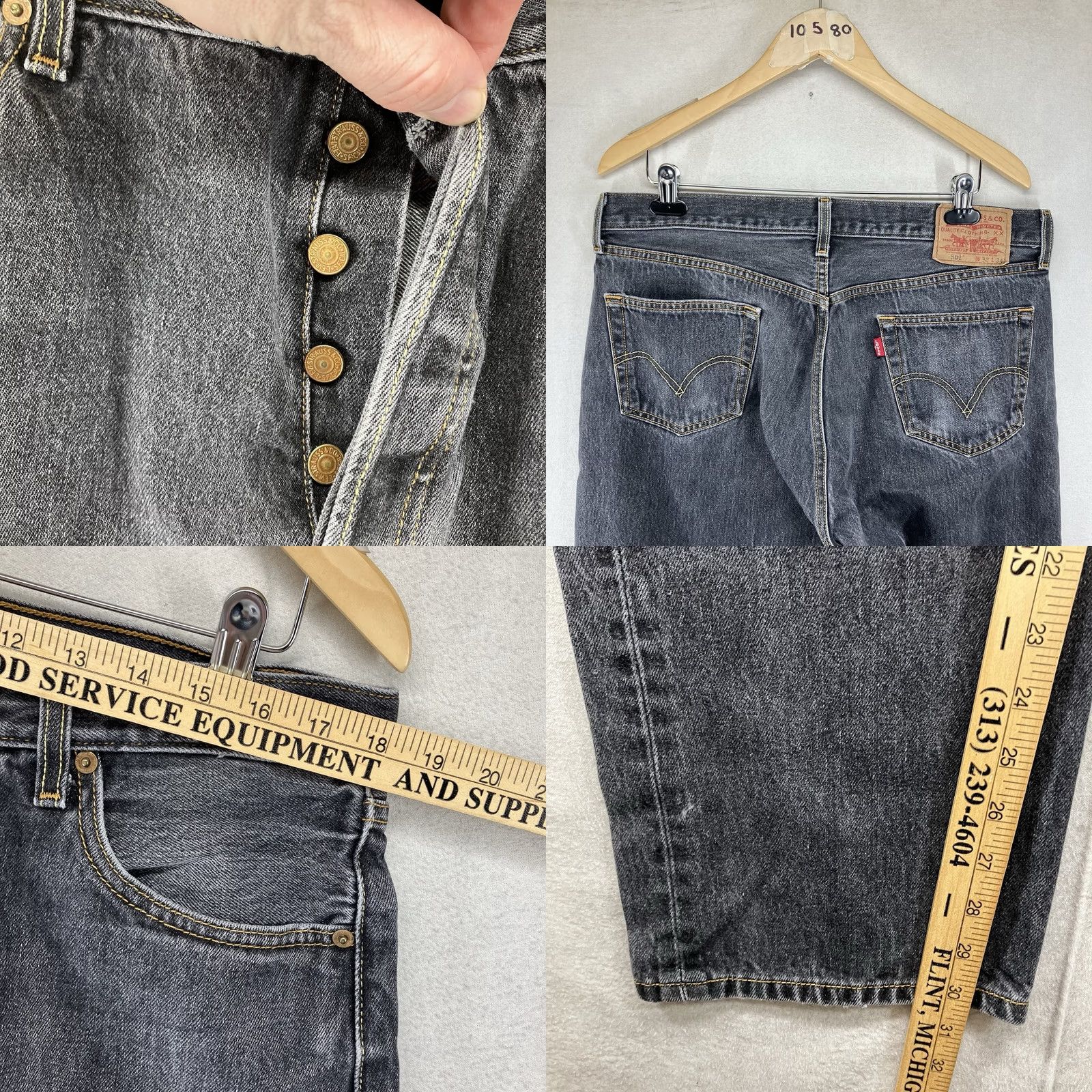 Levi's VINTAGE Levi's 501 Jeans Men’s 36x30 Black Faded Denim Button Fly 5-Pocket Straight Grunge 90s USA Leather Logo (If exact brand text allowed) Size US 36 / EU 52 - 9 Thumbnail