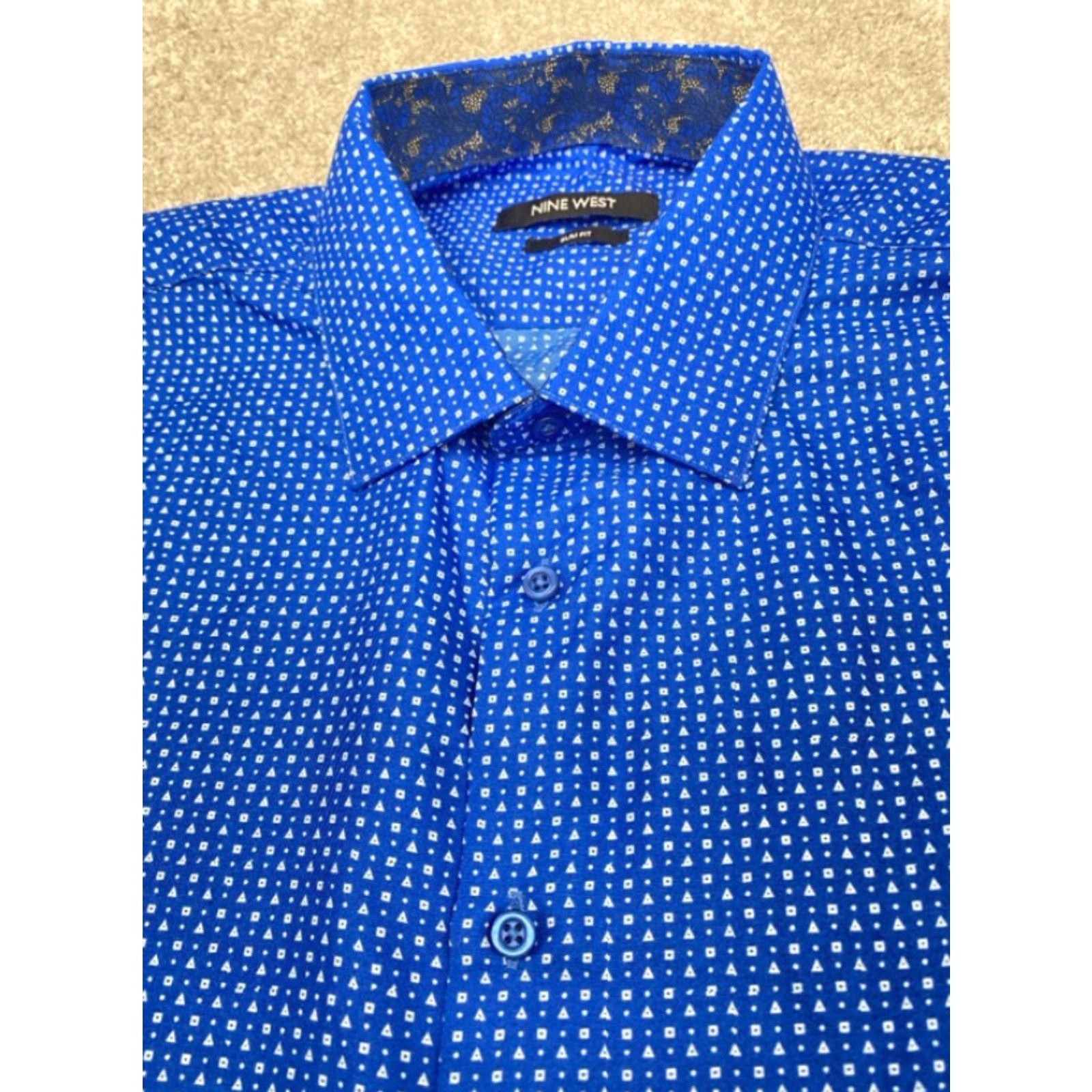 Nine West NWT Nine West Dress Shirt Men's Large Blue White Design Long Sleeve Button Up Size 42R - 5 Thumbnail
