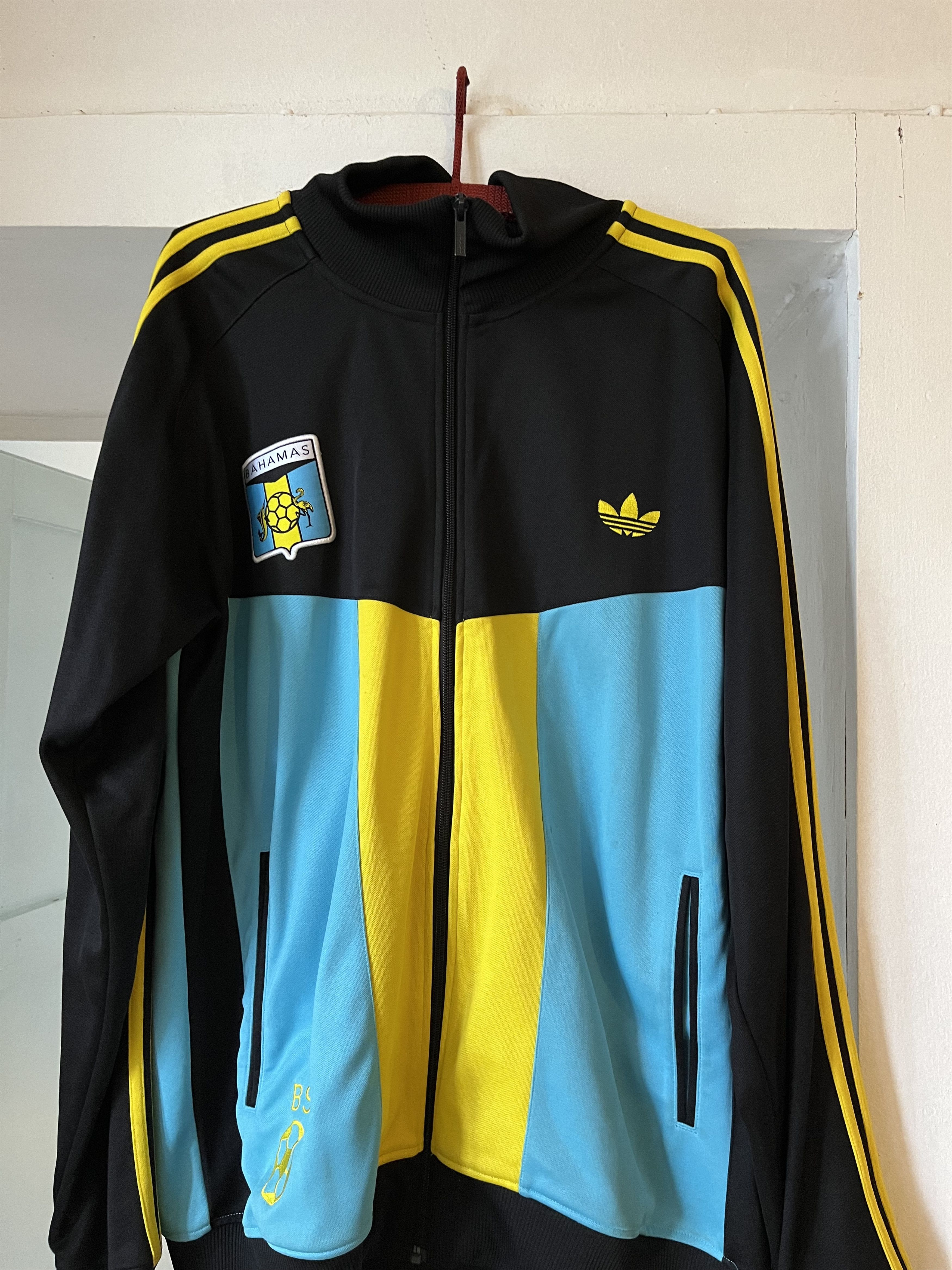 image of Adidas Bahamas Soccer 3 Stripe Track Jacket in Blue Yellow, Men's (Size XL)