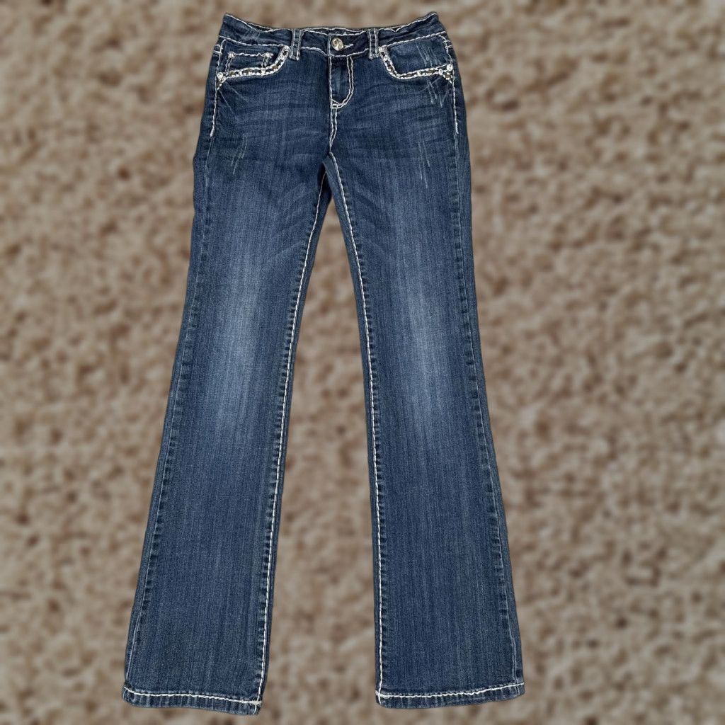 Vintage LA Idol Jeans Bootcut Juniors 9 Blue Medium Wash Low Rise Stretch 31x34 5-Pocket Denim Rhinestone Studded Womens Size 30" / US 8 / IT 44 - 1 Thumbnail
