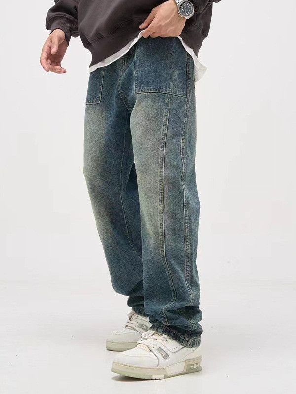 Jean Retro washed distressed men's loose casual patchwork jeans Size US 32 / EU 48 - 2 Thumbnail