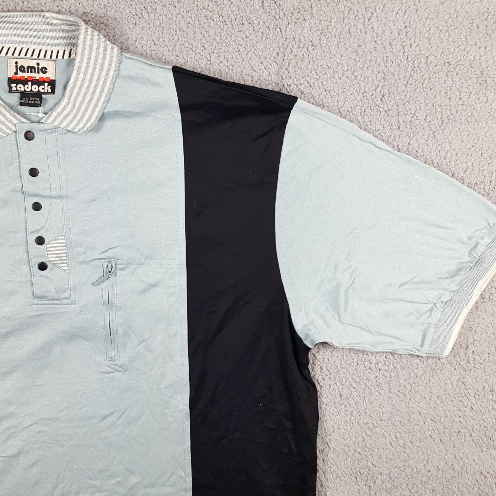 Vintage VINTAGE Jamie Sadock Blue & Black Striped Polo Shirt Men's Large Short Sleeve Button Collar 90s Preppy Casual Size 42R - 3 Thumbnail