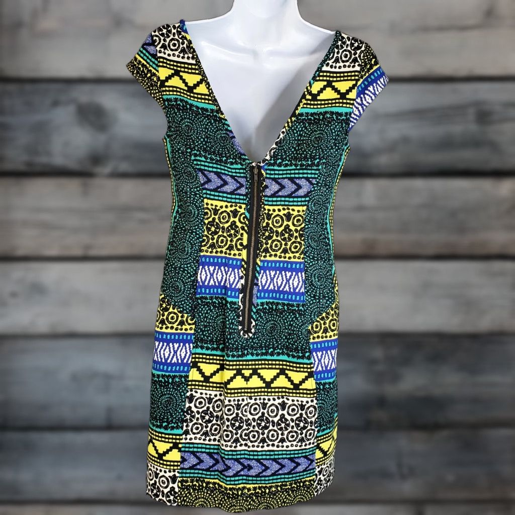 Vintage Plenty by Tracy Reese Womens Directional Shift Dress Sz 4 Stripes Yellow Cap Sleeve Knee Length Cotton Blend Size S / US 4 / IT 40 - 1 Thumbnail