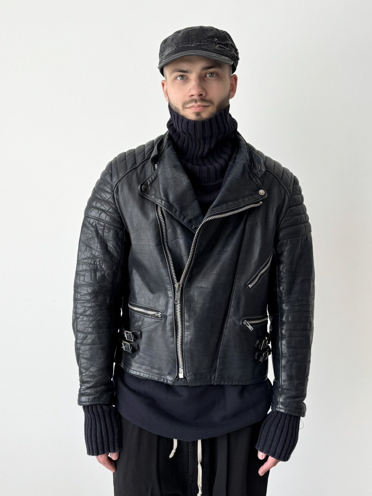1970s Vintage Moto Faded Navy Leather Jacket