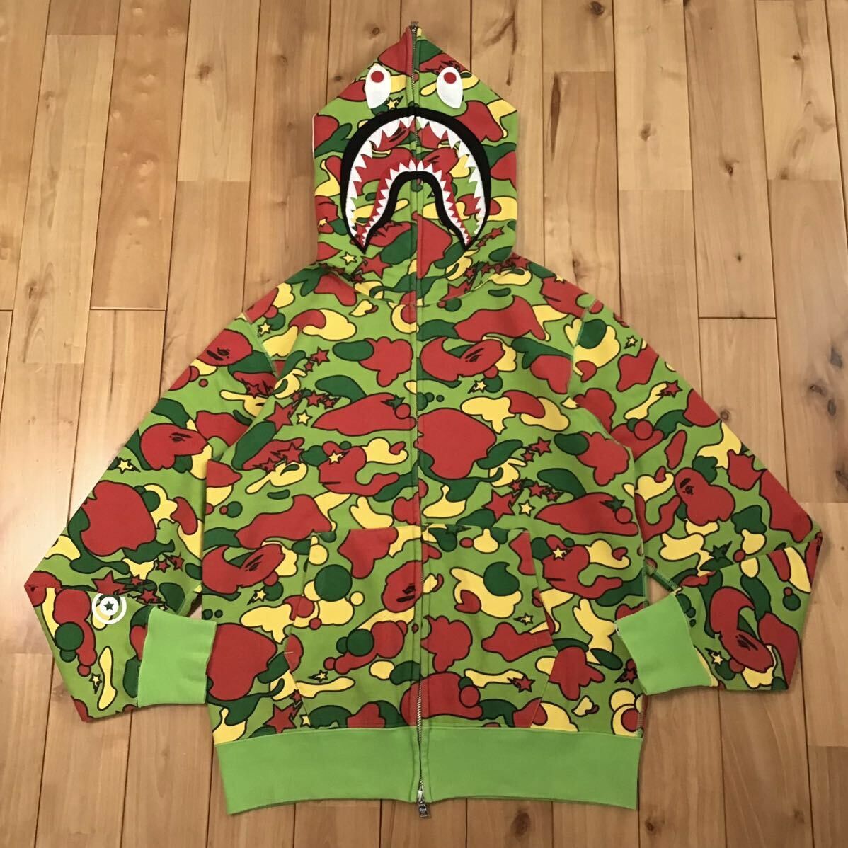 image of Bape Psyche Camo Shark Full Zip Hoodie Sta Camo Ape in Neon Green, Men's (Size Medium)