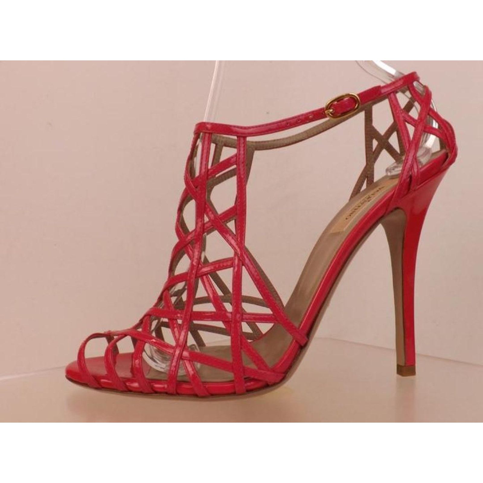 PINK PATENT LEATHER CRISSCROSS CAGE SANDALS PUMPS 36.5