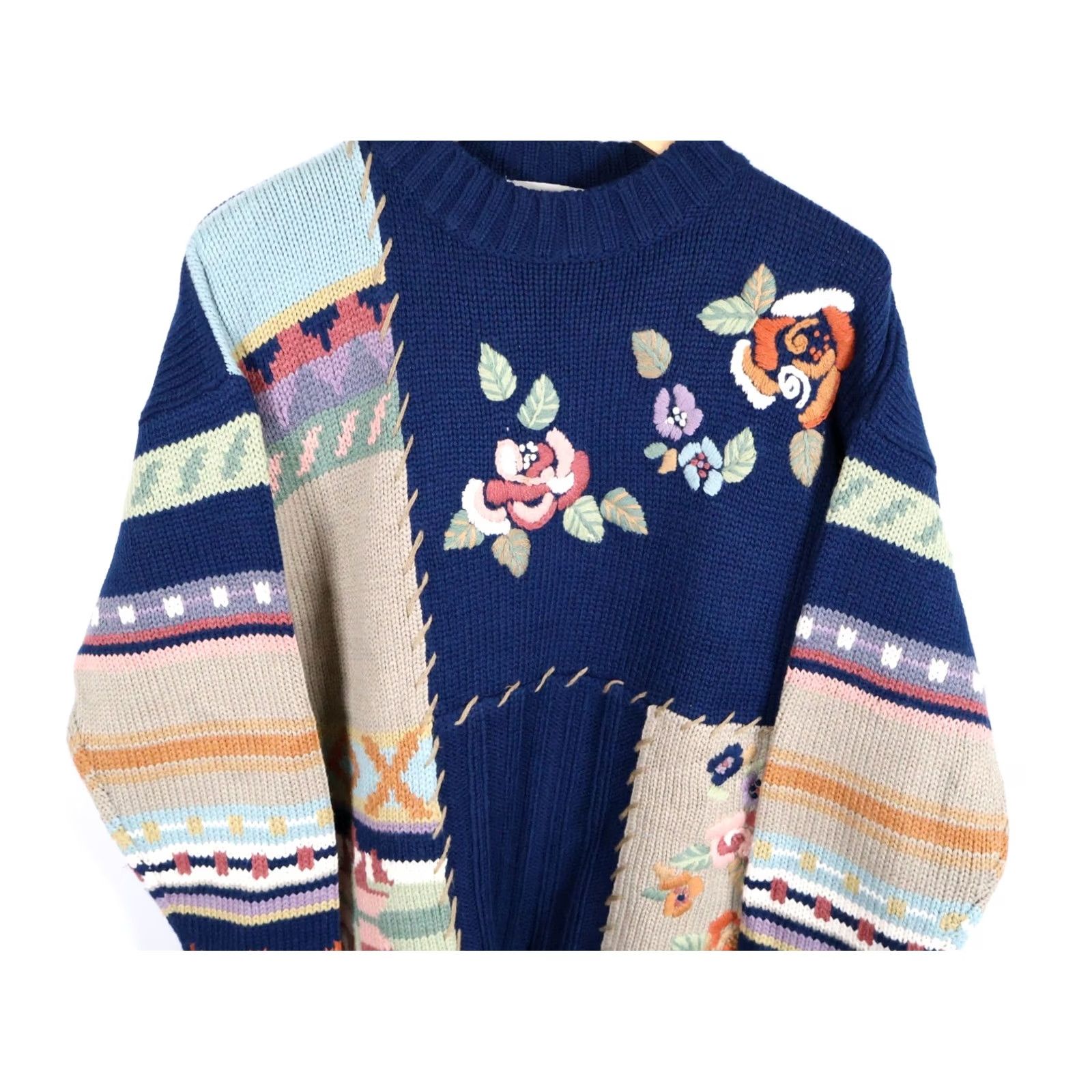 Vintage VINTAGE Together Sweater Women's Large Dark Blue Embroidered Patchwork Floral Knit Geometric 90s Bohemian Crew Neck Wool Blend Casual Pullover Size L / US 10 / IT 46 - 4 Thumbnail