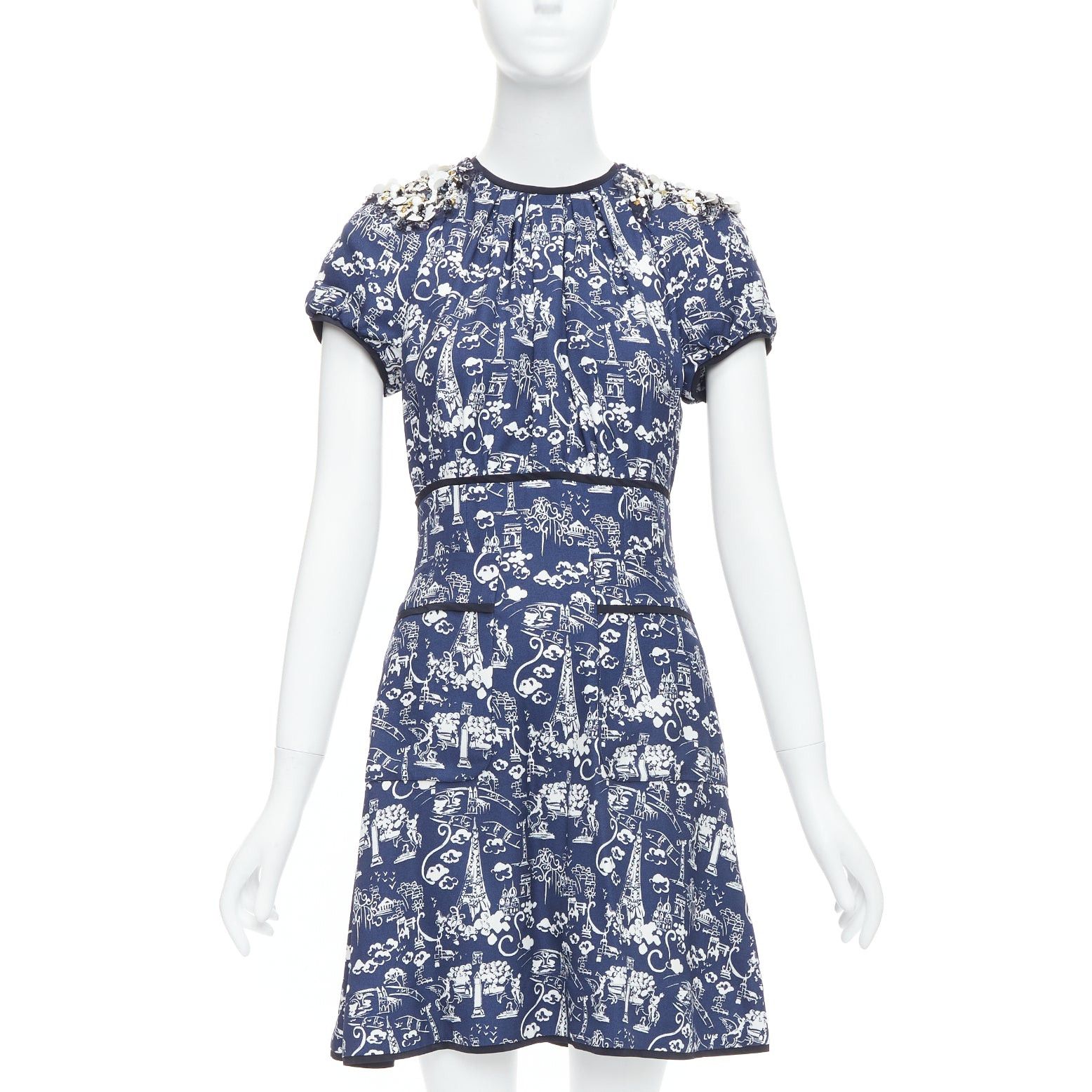 Louis Vuitton LOUIS VUITTON navy Paris City print embellished neckline dress FR36 S Size S / US 4 / IT 40 - 1 Thumbnail