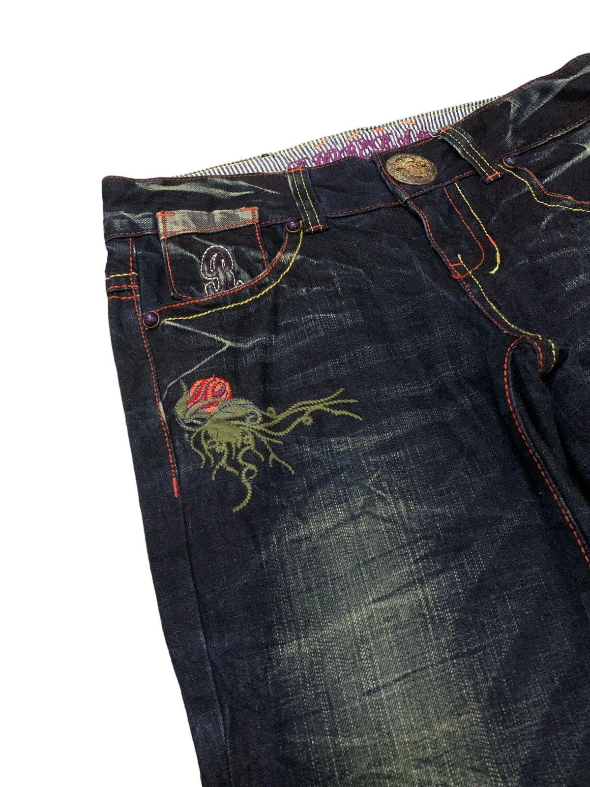 Ed Hardy × Japanese Brand Riobera Japan Embroidered Skull Tattoo Flared Denim Pants Size US 30 / EU 46 - 9 Thumbnail