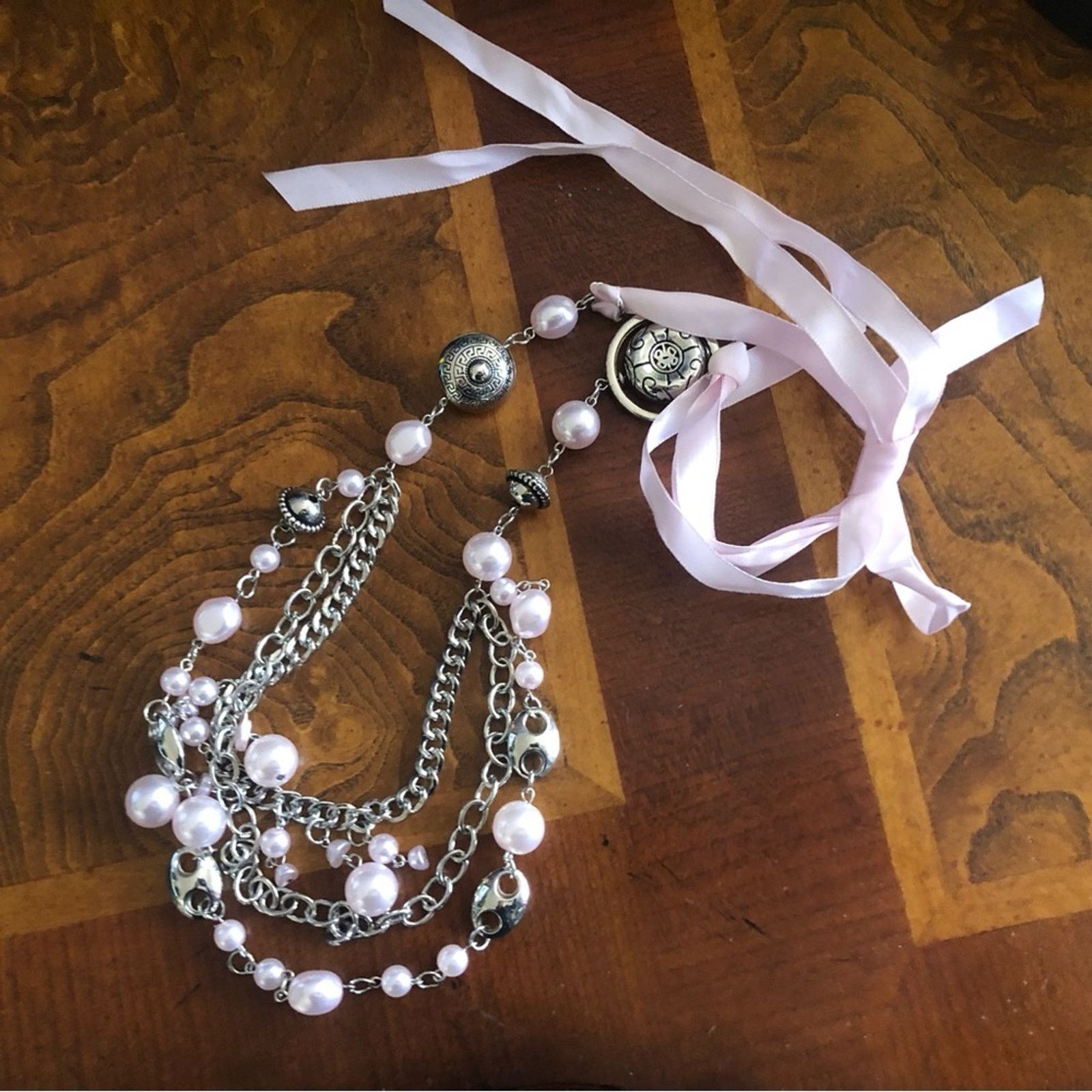 Jewelry Light lilac pearl beaded silver chain ribbon necklace Size ONE SIZE - 6 Thumbnail