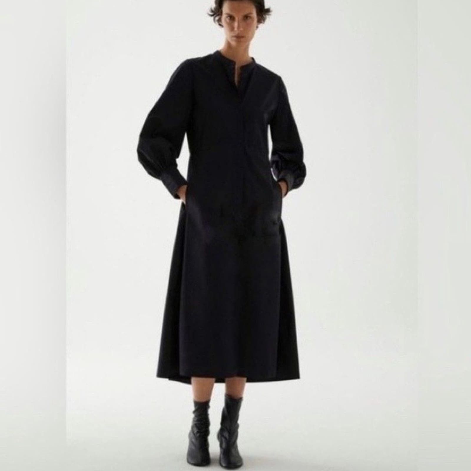 Image of NWOT Cos Cotton Volume Sleeve Midi Shirt Dress Black Size 4, Women's