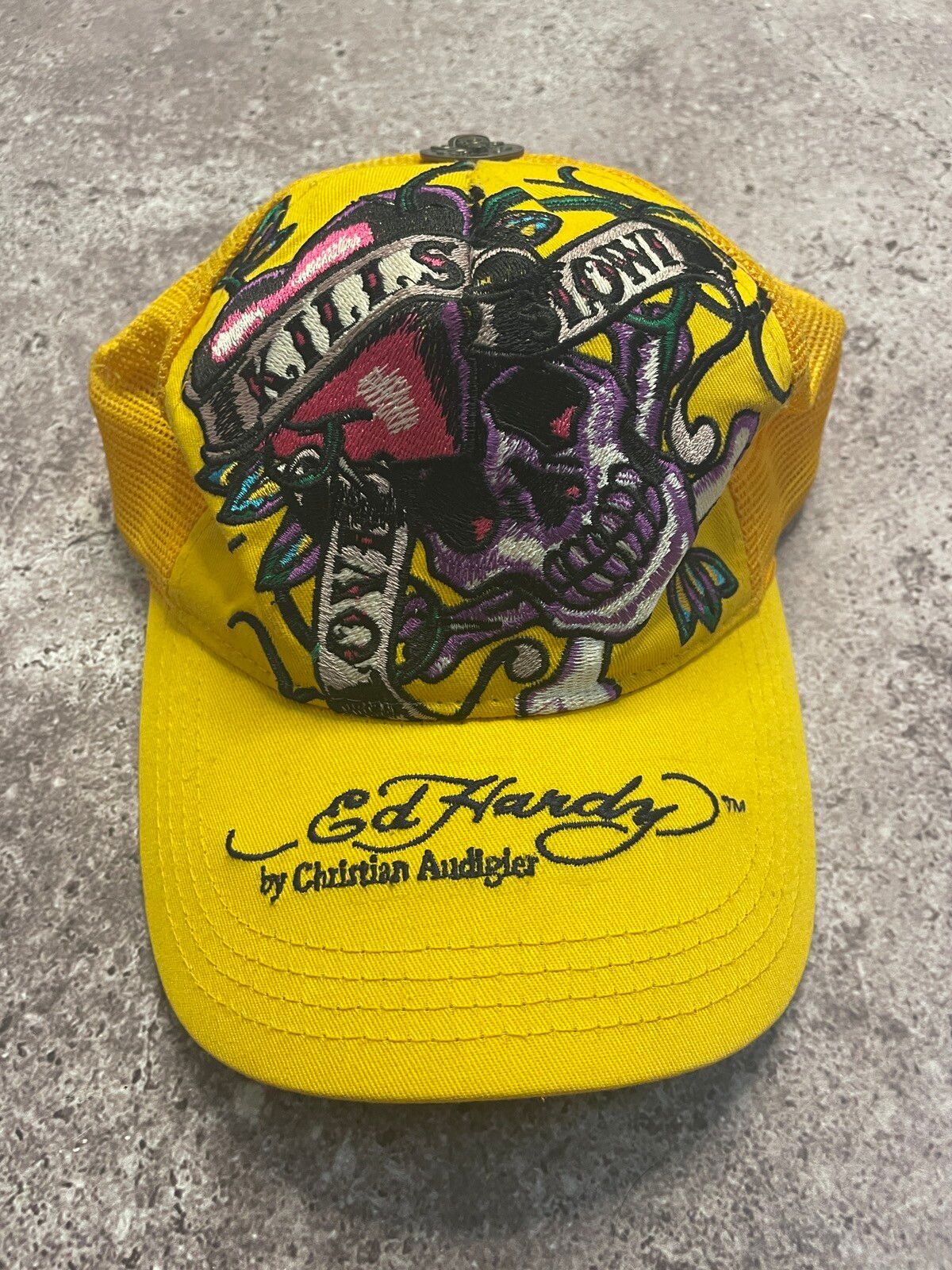 Pre-owned Christian Audigier X Ed Hardy By Christian Audigier Vintage Y2k Cap In Yellow