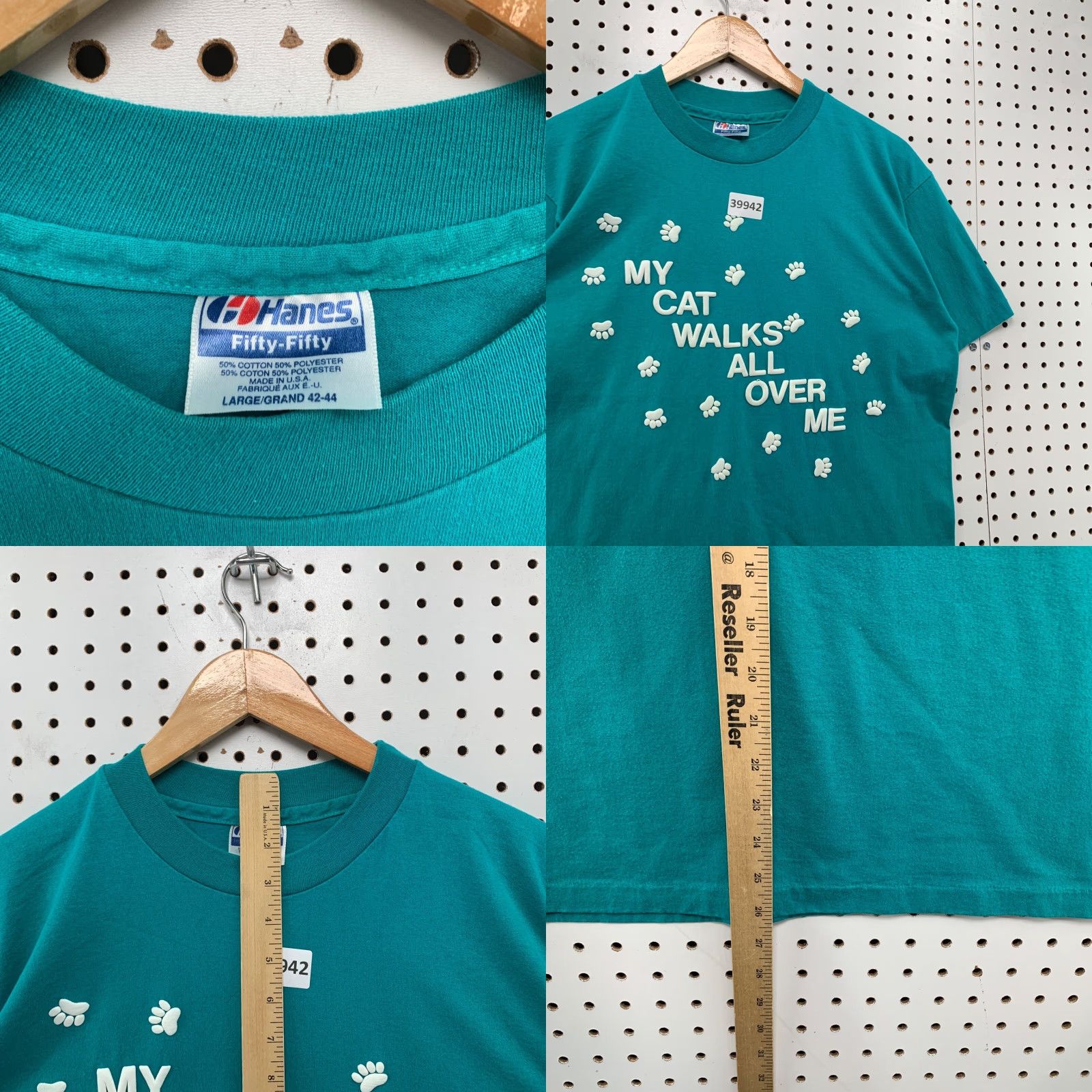 Hanes VINTAGE 80s Hanes Funny Cat Paw Print T-Shirt Mens Large Green Graphic Print Made in USA Size US L / EU 52-54 / 3 - 8 Thumbnail