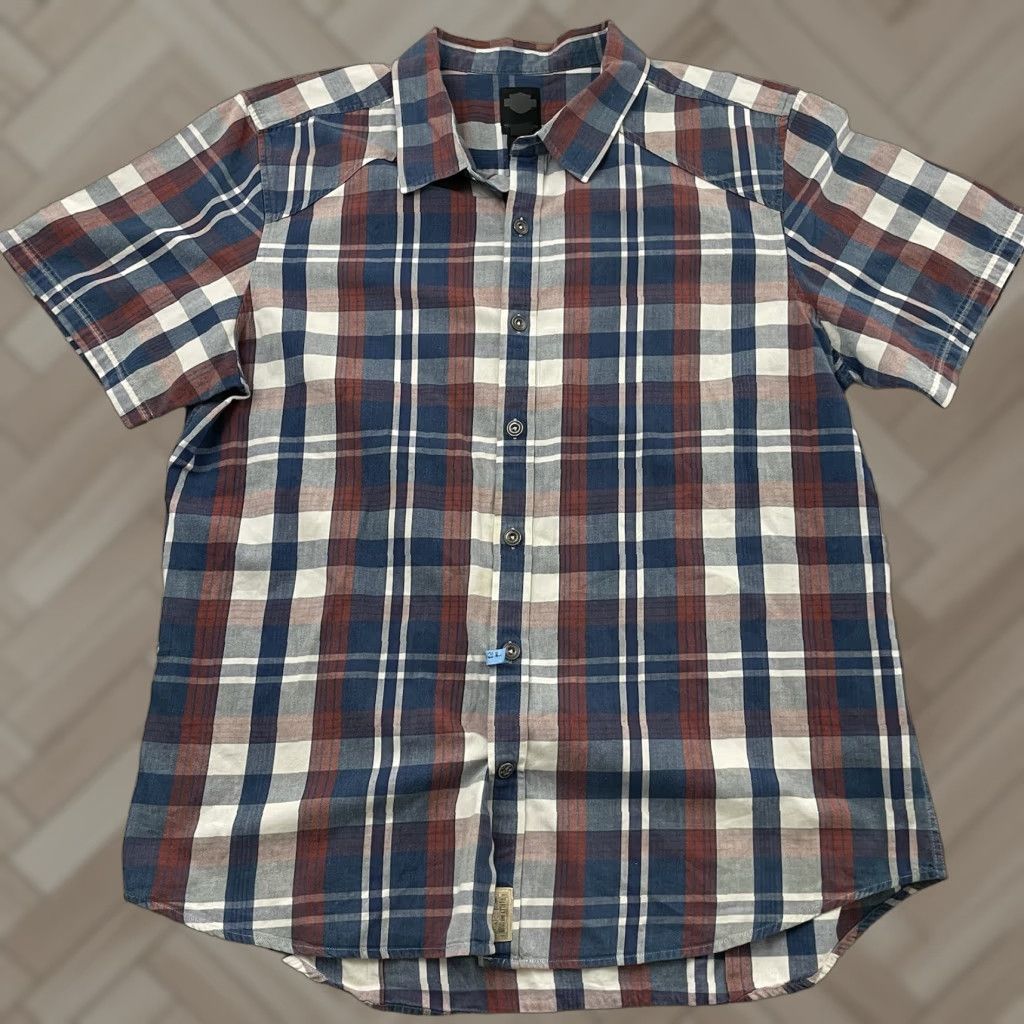 Harley Davidson VINTAGE Harley-Davidson Plaid Short Sleeve Button Front Shirt Mens XL Blue Red White Size US XL / EU 56 / 4 - 1 Thumbnail