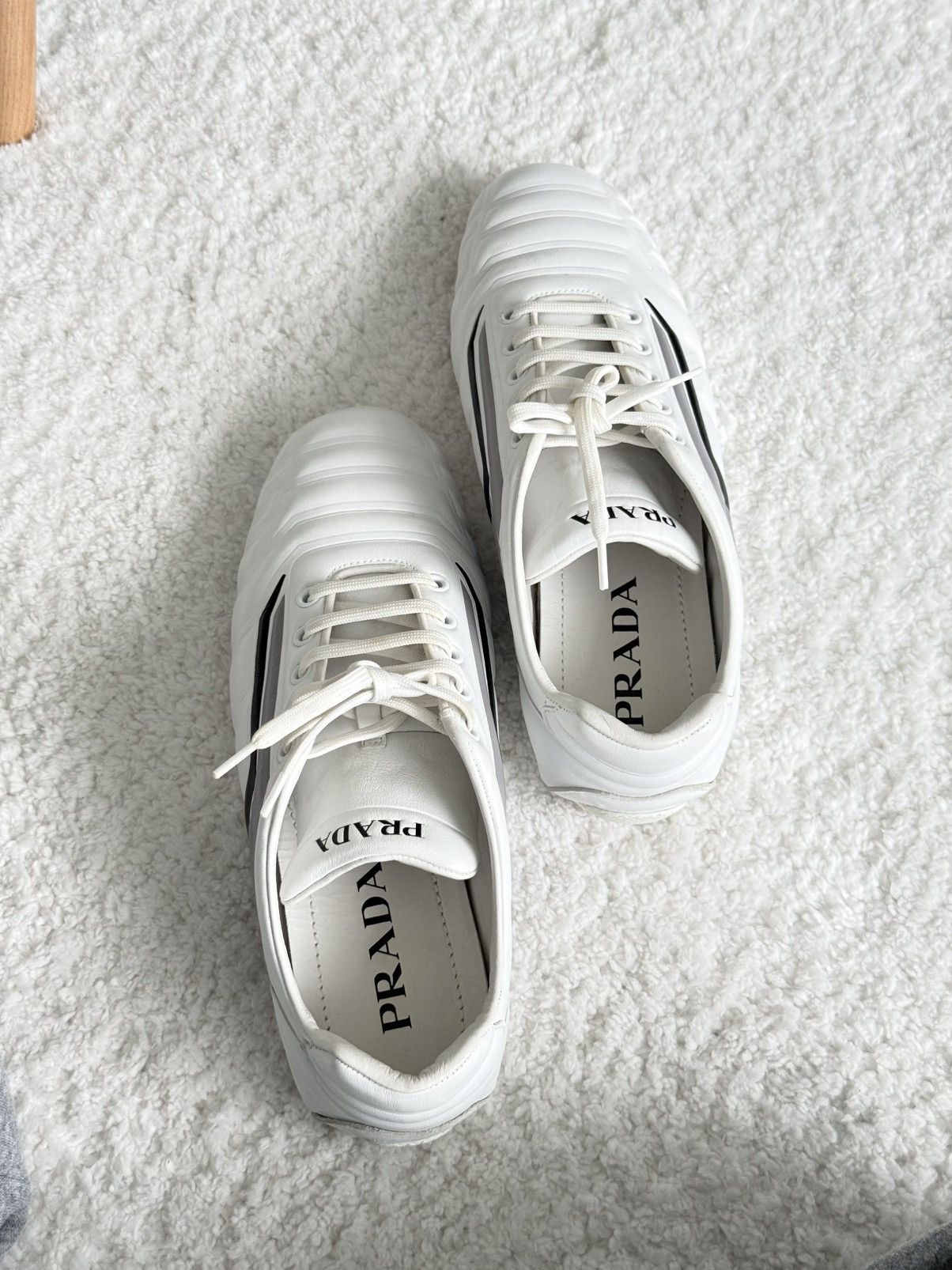 Prada Prada Rev Sneakers White Padded Leather Gray Stripe Low Top Size US 9 / IT 39 - 10 Thumbnail