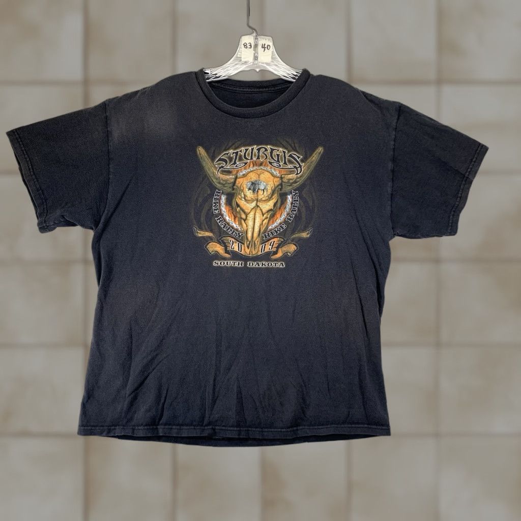 Gildan Mens Biker T Shirt Oversized Medium Sturgis 09 Sun Faded Black Tribal Fire Bison Size US M / EU 48-50 / 2 - 1 Thumbnail