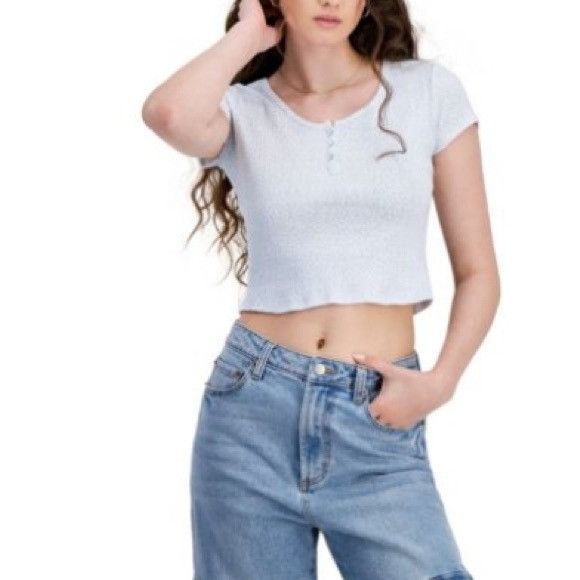Other Just Polly Womens Floral Ribbed Crop Top White & Blue Short Size L / US 10 / IT 46 - 1 Thumbnail