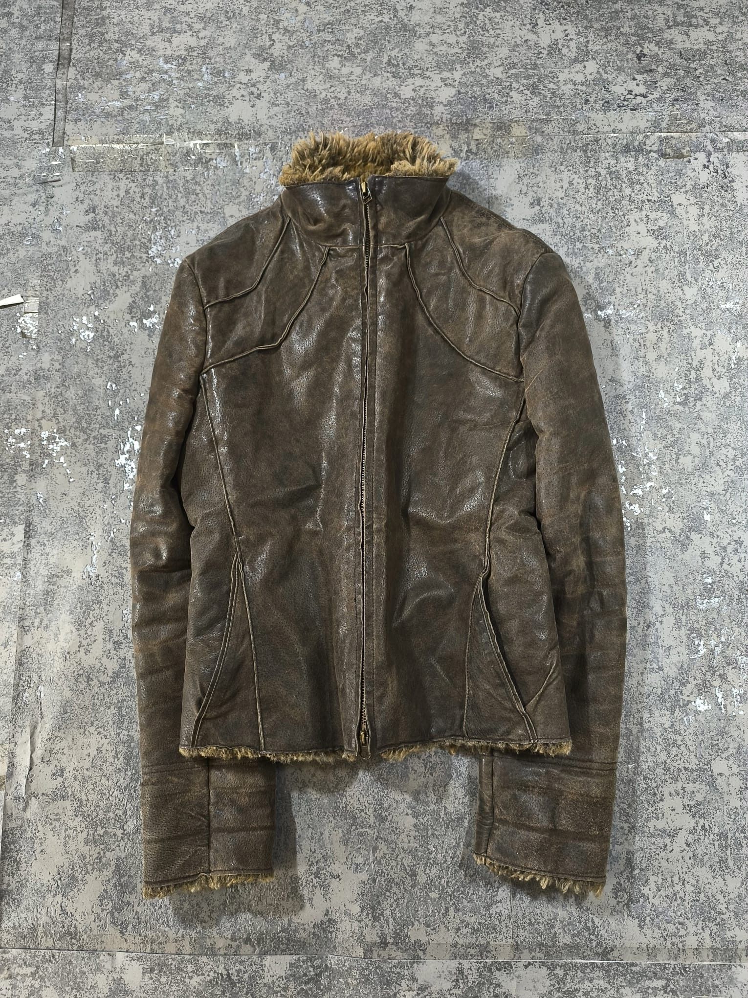 Genuine Leather moto highcollar distressed pigskin leather fauxfur jacket Size M / US 6-8 / IT 42-44 - 3 Thumbnail