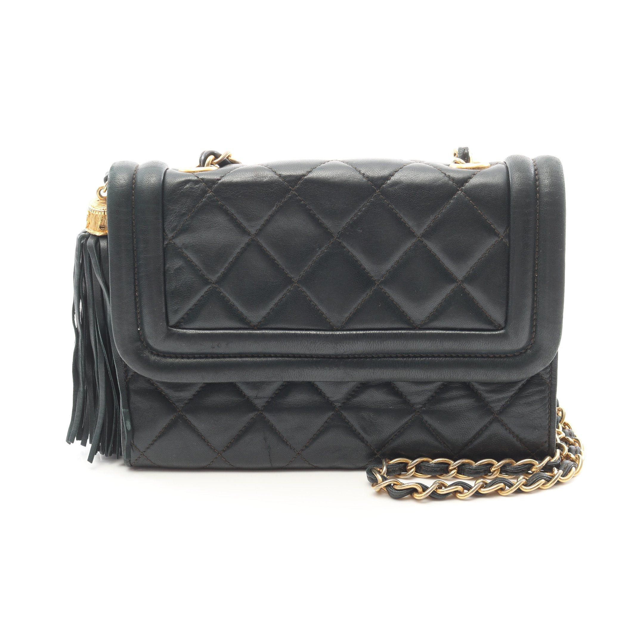 Chanel Matelasse Chain Shoulder Bag Lambskin Dark Green Gold Hardware Fringe in Black, Women's