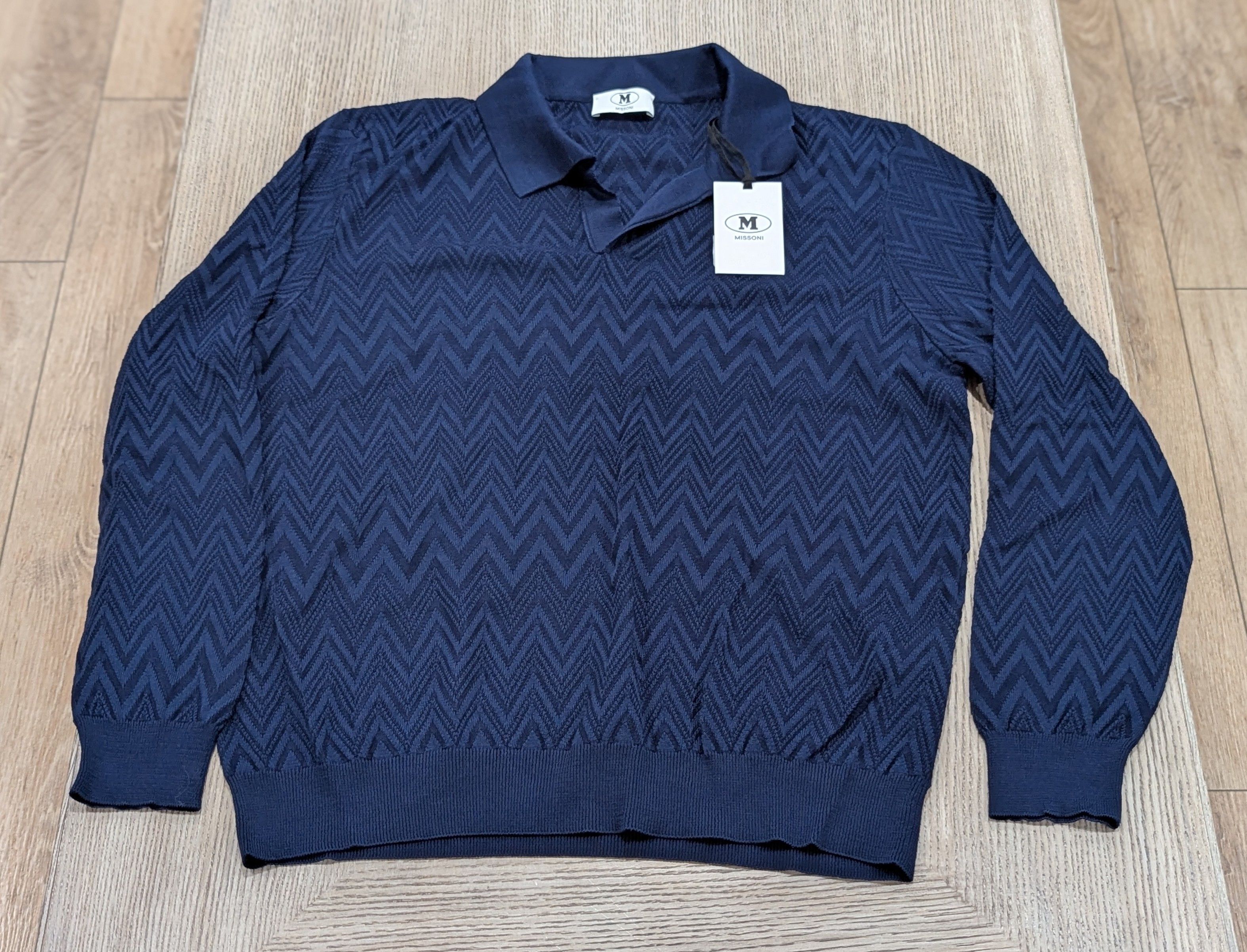Missoni Missoni Textured Chevron Johnny Collar LS Polo Shirt Blue XL Size US XL / EU 56 / 4 - 1 Thumbnail