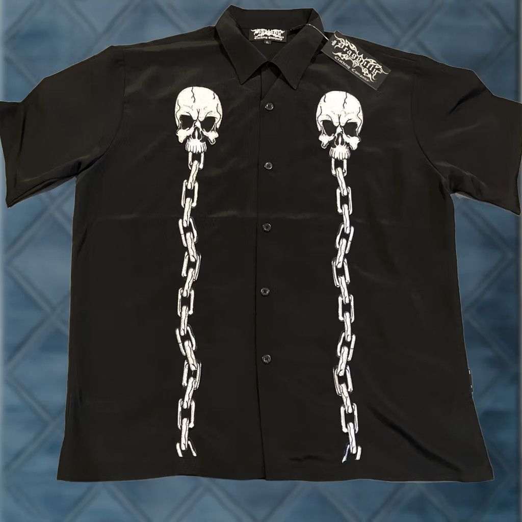 Vintage VINTAGE Dragonfly Shirt Skull Chains Embroidered Short Sleeve Button Up L Black Mens Regular Graphic Print 90s Theme Neck Collar Spread Size US L / EU 52-54 / 3 - 1 Thumbnail